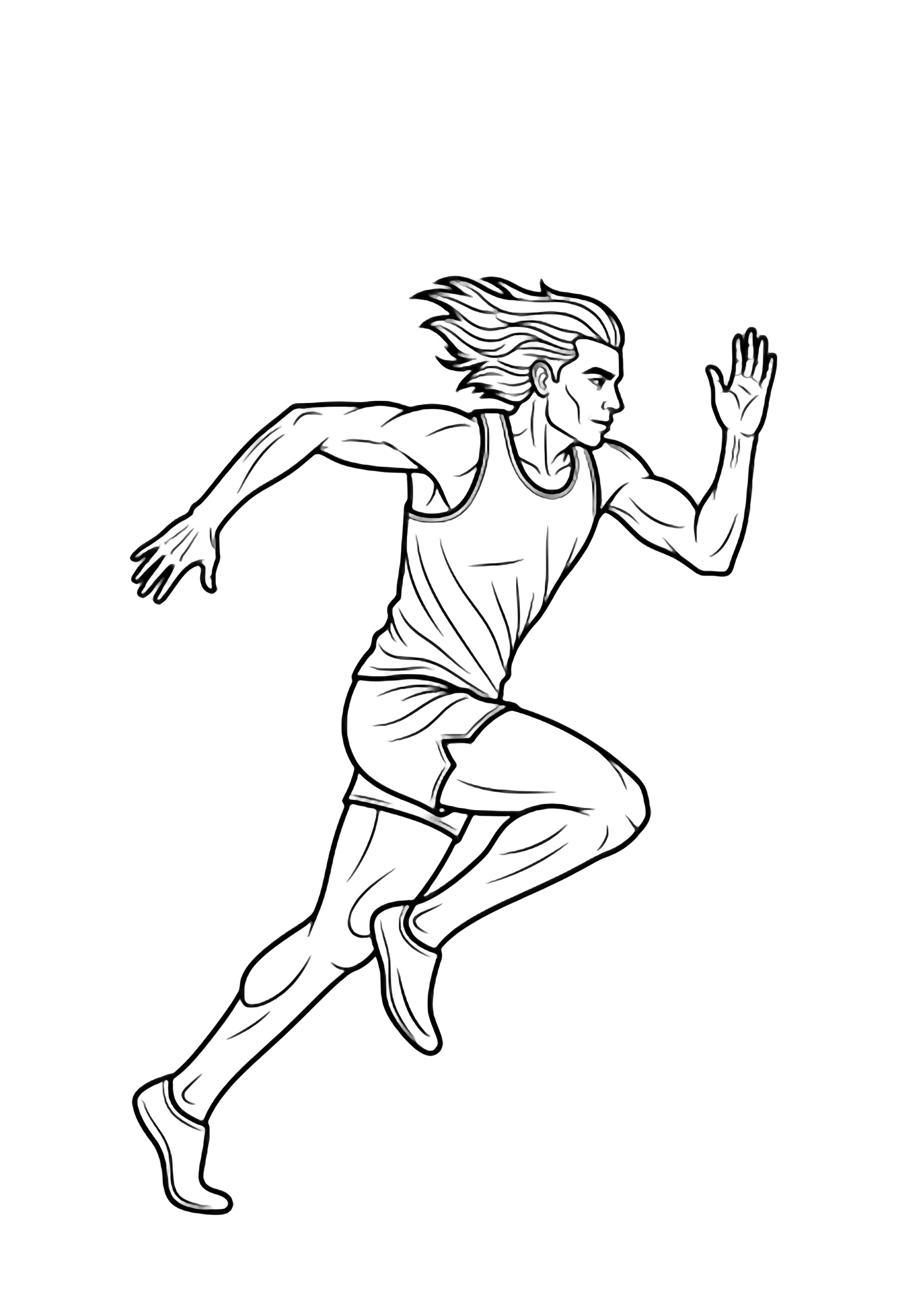 Athlete running mid-stride, arms pumping, hair flowing. kleurplaat