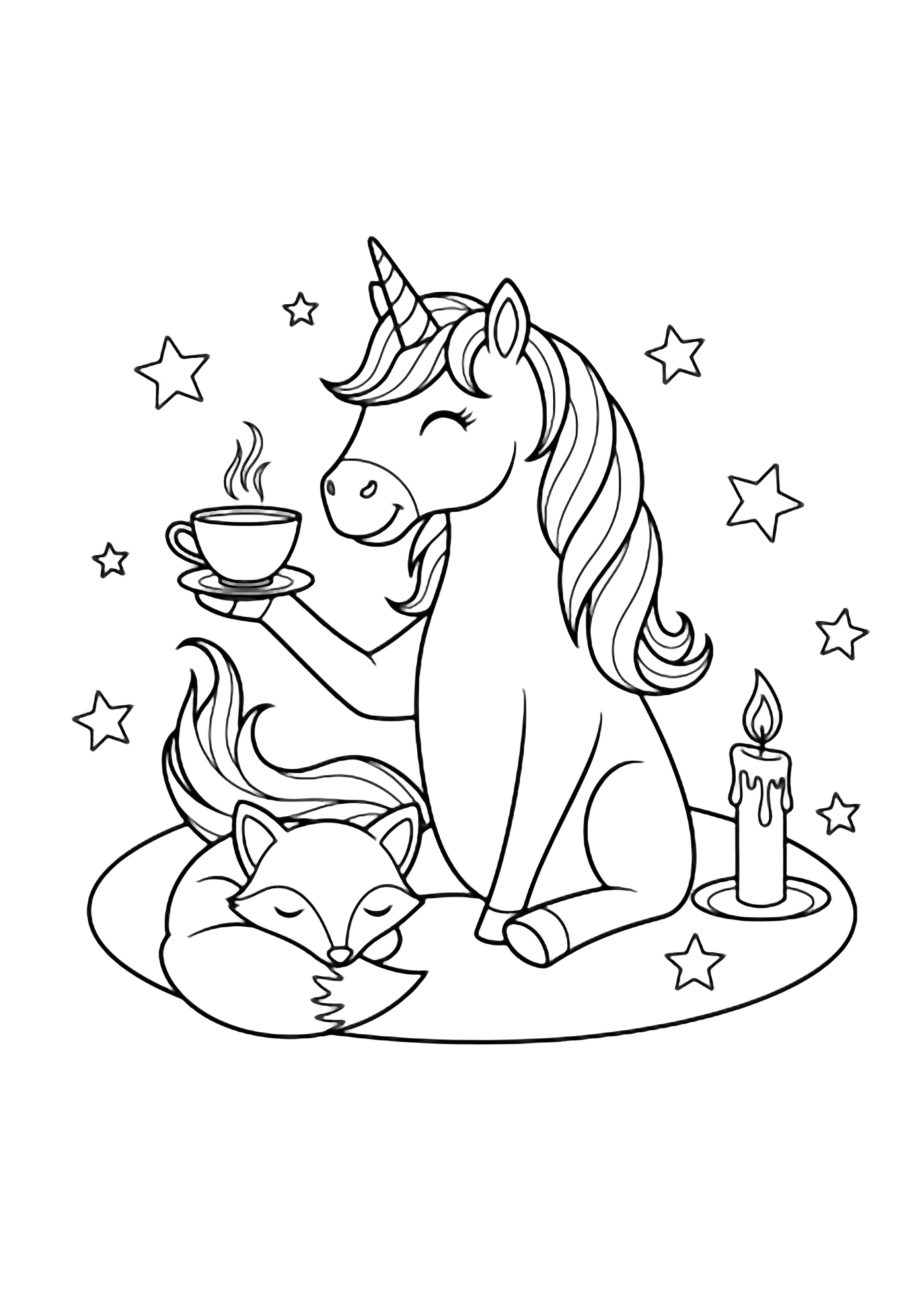 A smiling unicorn sits and lifts a teacup with its tail; a stubby candle flickers nearby and a petite fox curls opposite, all enclosed by simple stars and a rounded ground line. kleurplaat