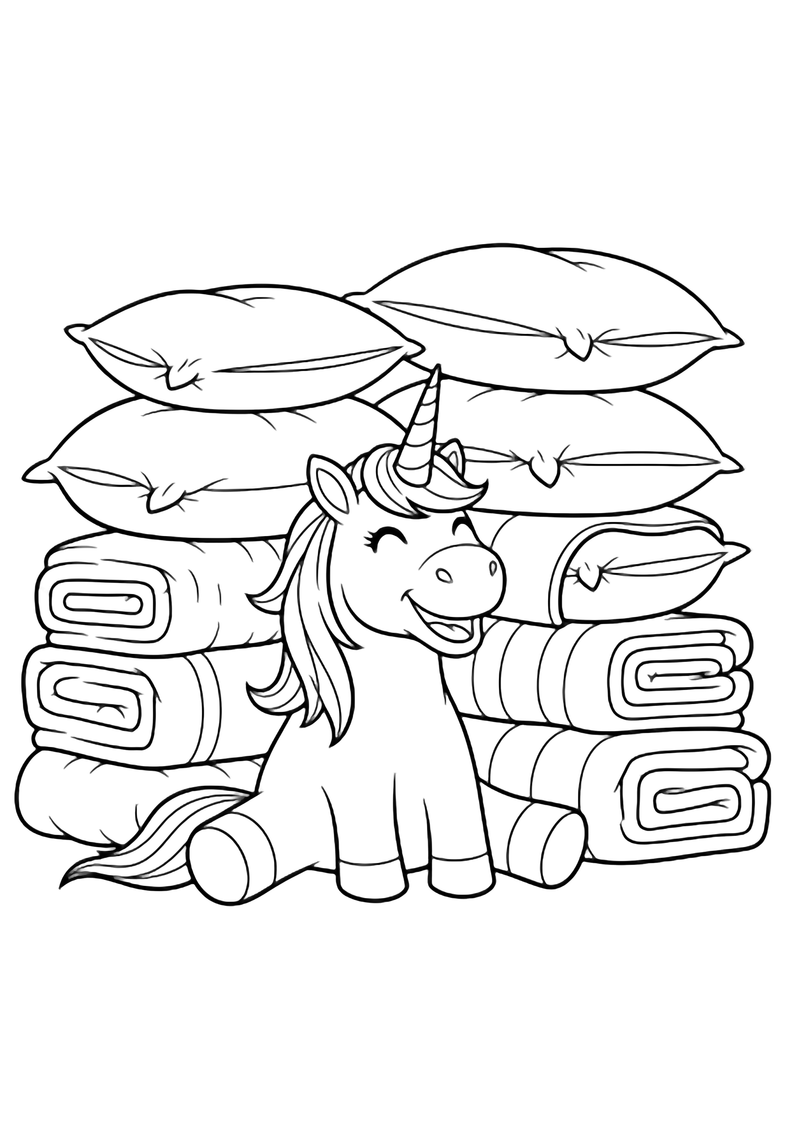 A smiling unicorn nestled among towering stacks of fluffy pillows and neatly folded blankets. kleurplaat