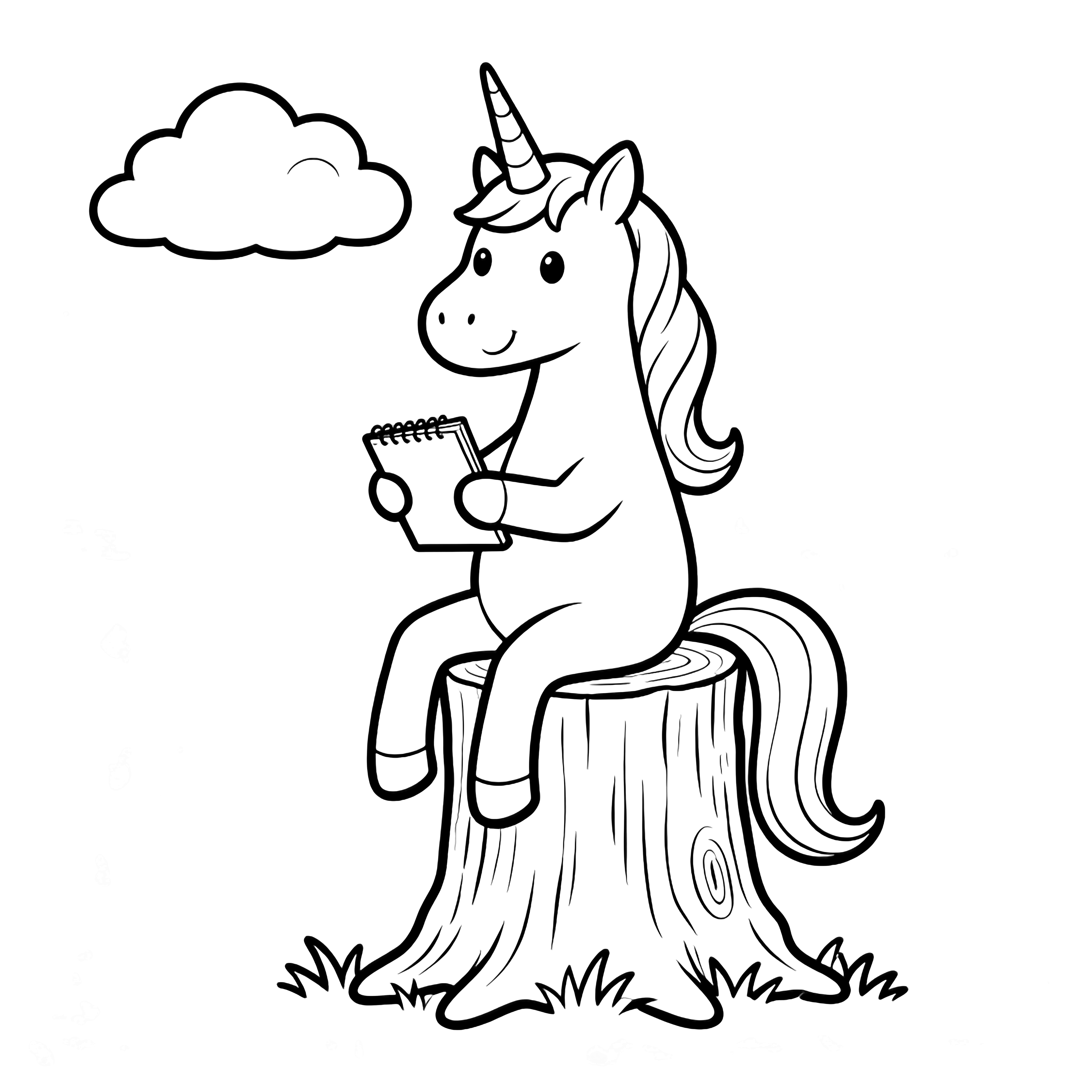 Unicorn sitting on a tree stump, dangling hind legs, holding a tiny notebook, flowing mane and tail, gentle smile, sky with one fluffy cloud. kleurplaat