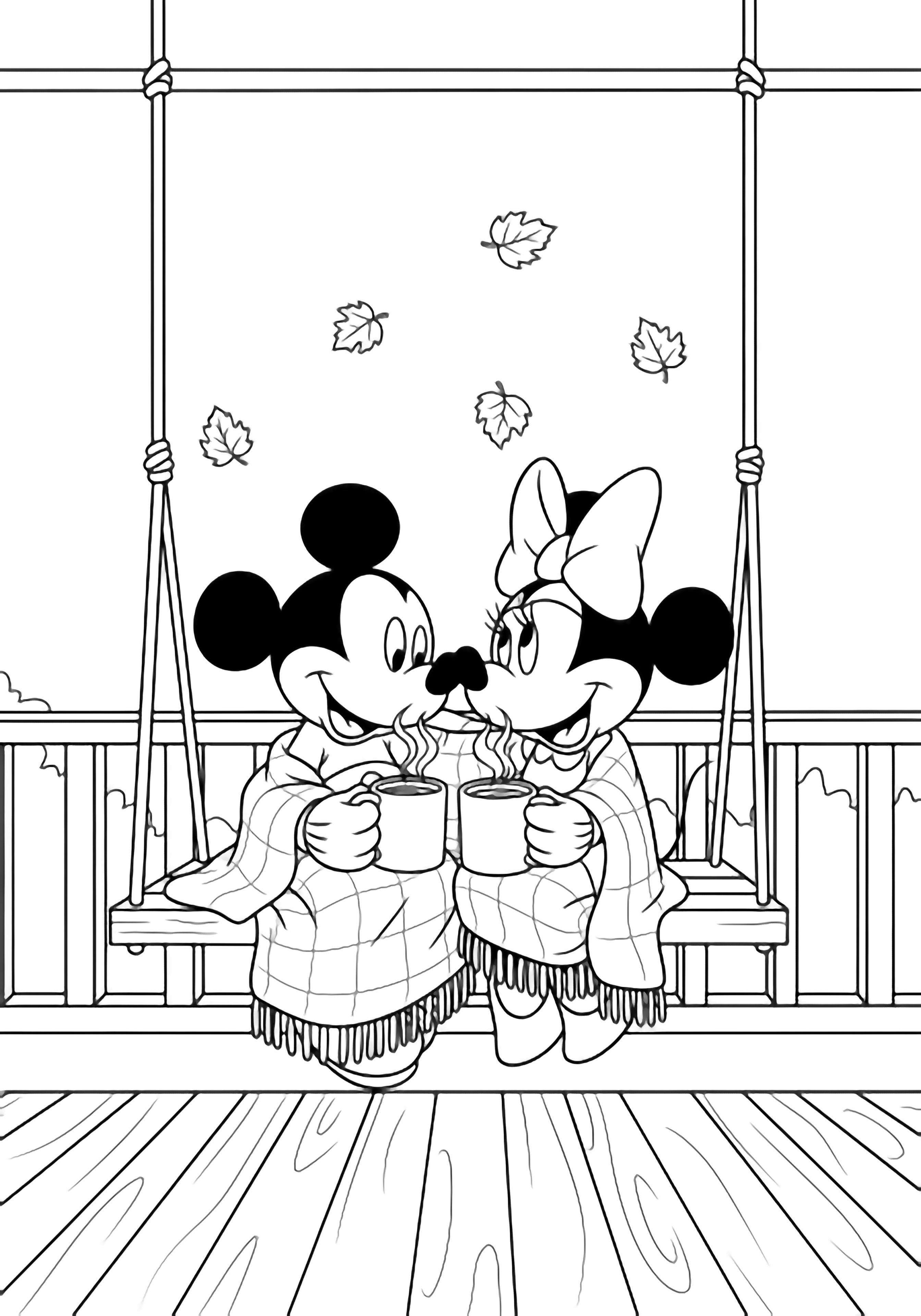 Mickey and Minnie cuddled on a porch swing under a shared blanket, sipping steaming mugs while autumn leaves drift past wooden railings. kleurplaat