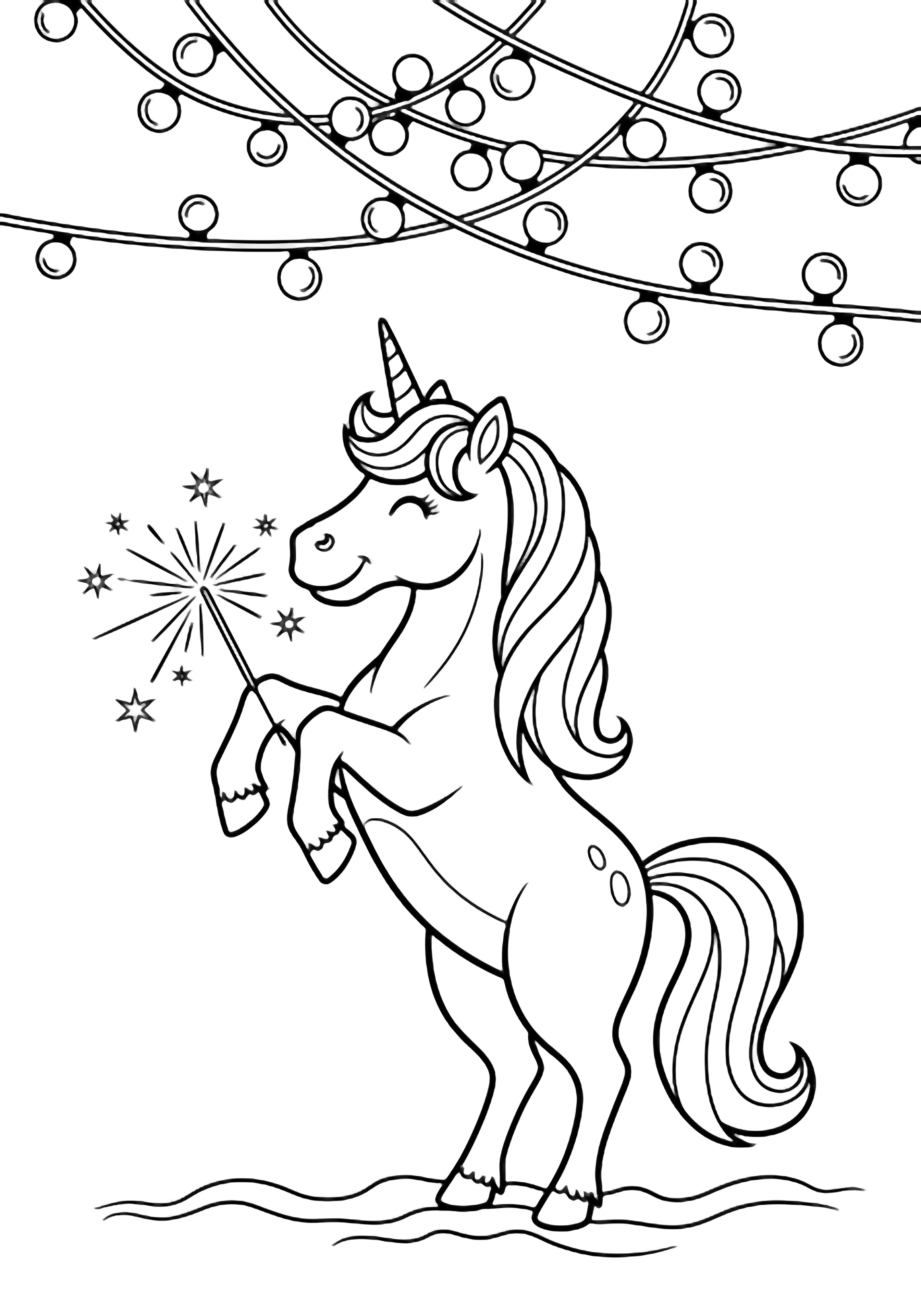 A unicorn rears up on hind legs, balancing a sparkler in one hoof beneath looping string lights; stars twinkle above a simple ground line. kleurplaat