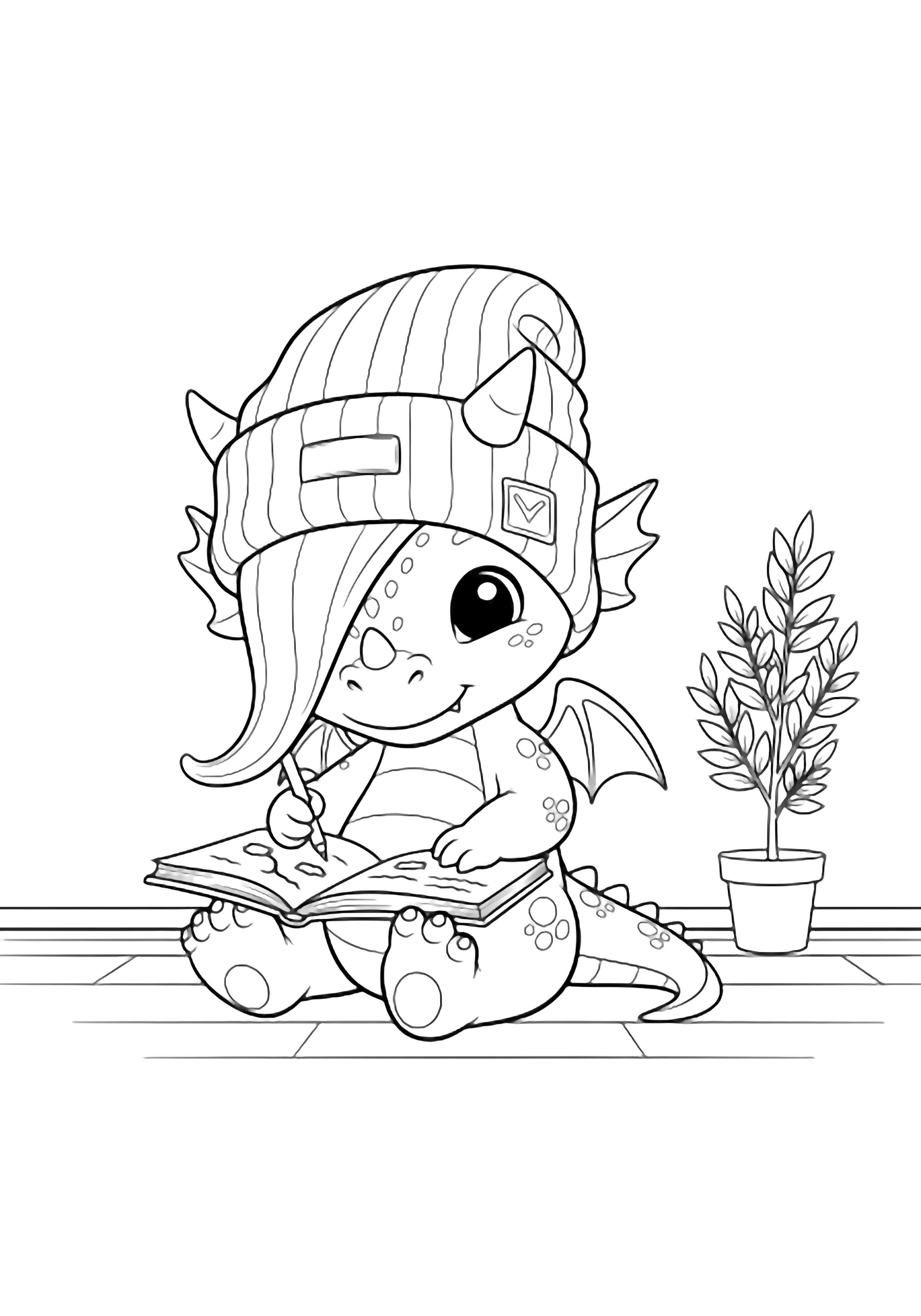 A chibi baby dragon wearing a sagging beanie sits cross-legged, happily scribbling in an open notebook; simple floorboards and a potted sprig complete the scene. kleurplaat