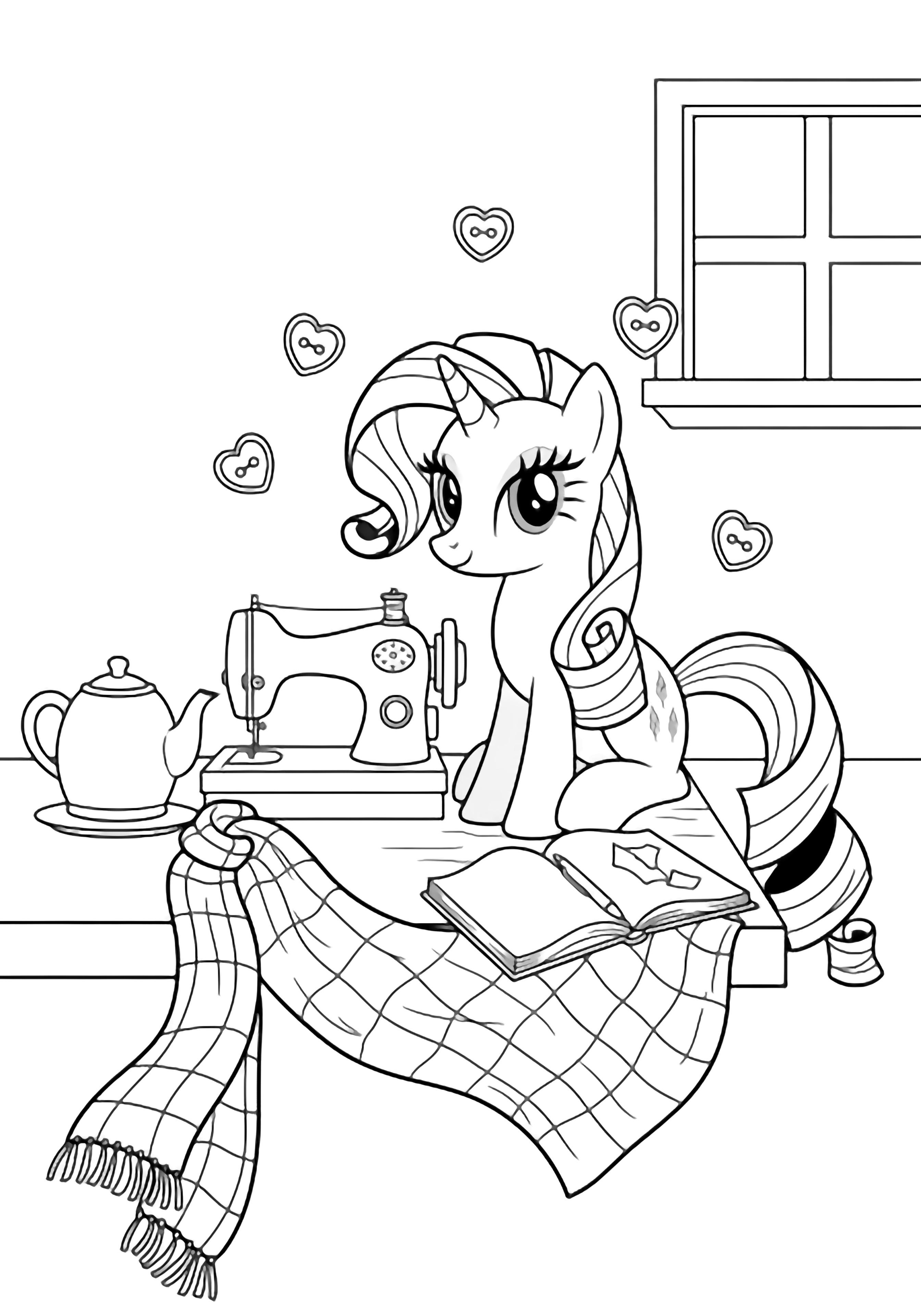 Rarity sits at a sewing machine, her tail curled around it; a teapot, open sketchbook, and checkered scarf rest on the table while heart-shaped buttons drift nearby, framed by a tidy window. kleurplaat