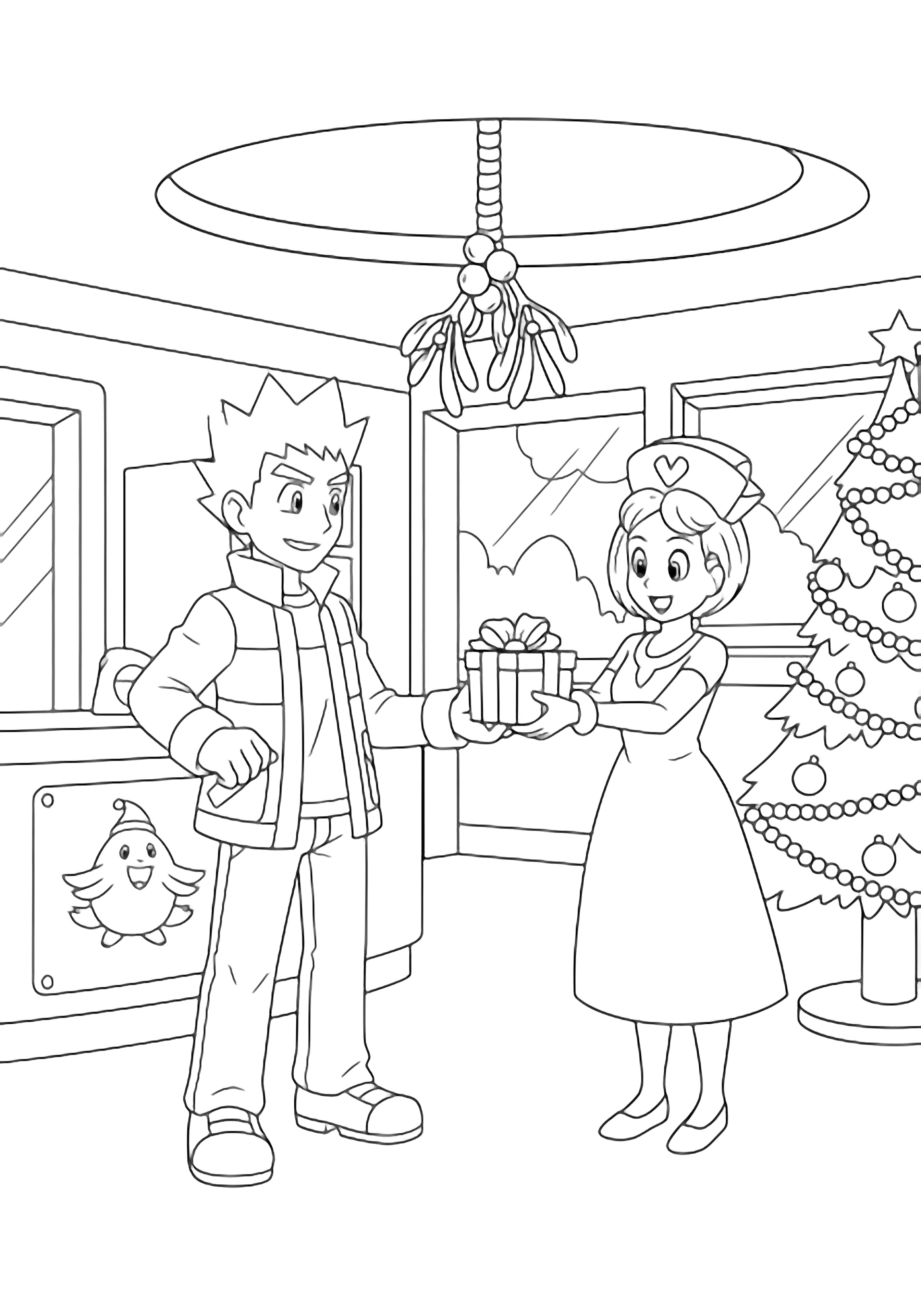 Brock in an open jacket presents a small box to Nurse Joy, who offers a wrapped gift; they stand under mistletoe inside a Pokmon Center with Chansey behind the counter and a decorated tree. kleurplaat