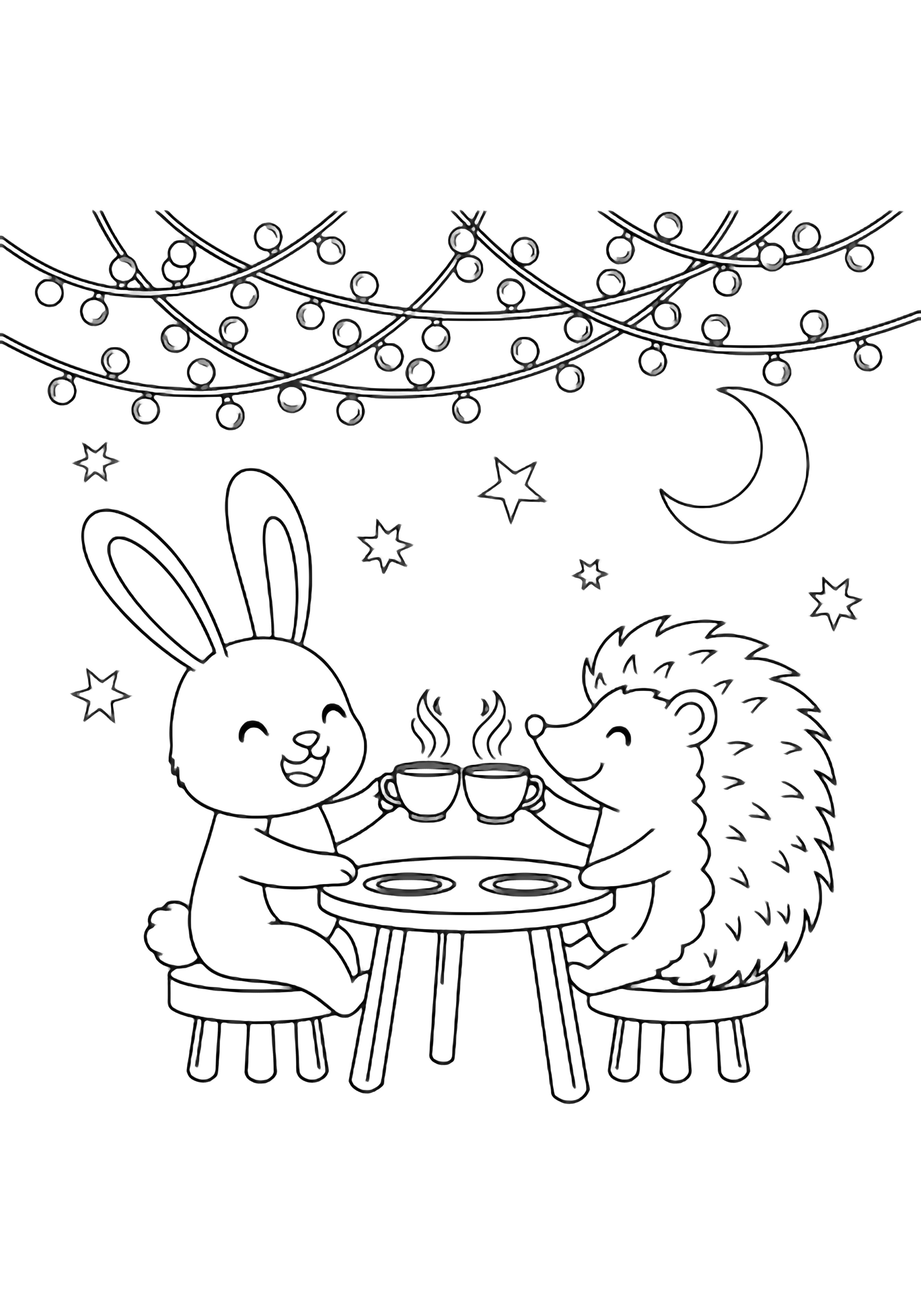 A smiling bunny and hedgehog sit on tiny stools at a low table raising teacups, with looping fairy lights, stars, and a crescent moon above. kleurplaat