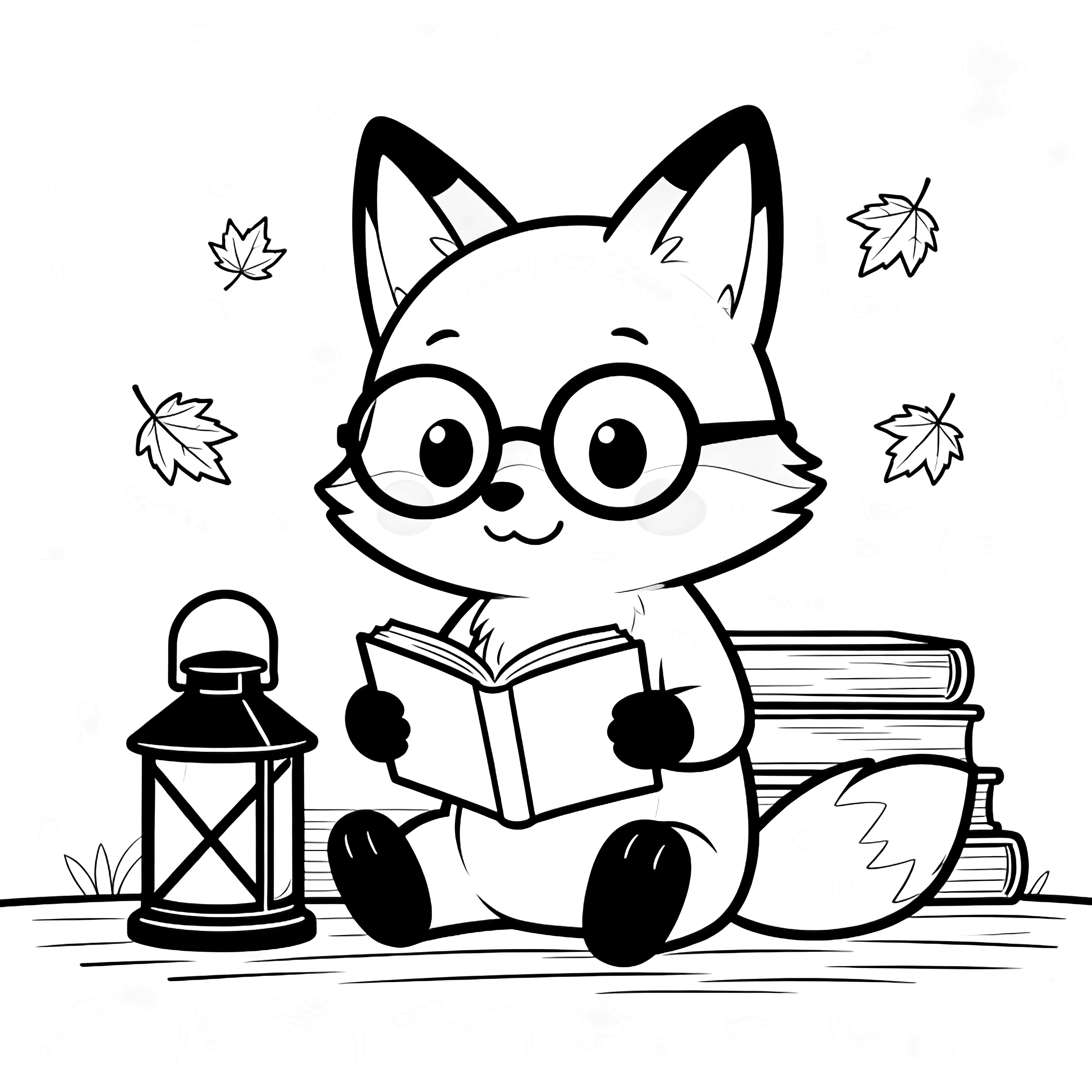 Kawaii fox with round glasses sits reading a book, lantern beside, tiny maple leaves drifting over stacked books. kleurplaat