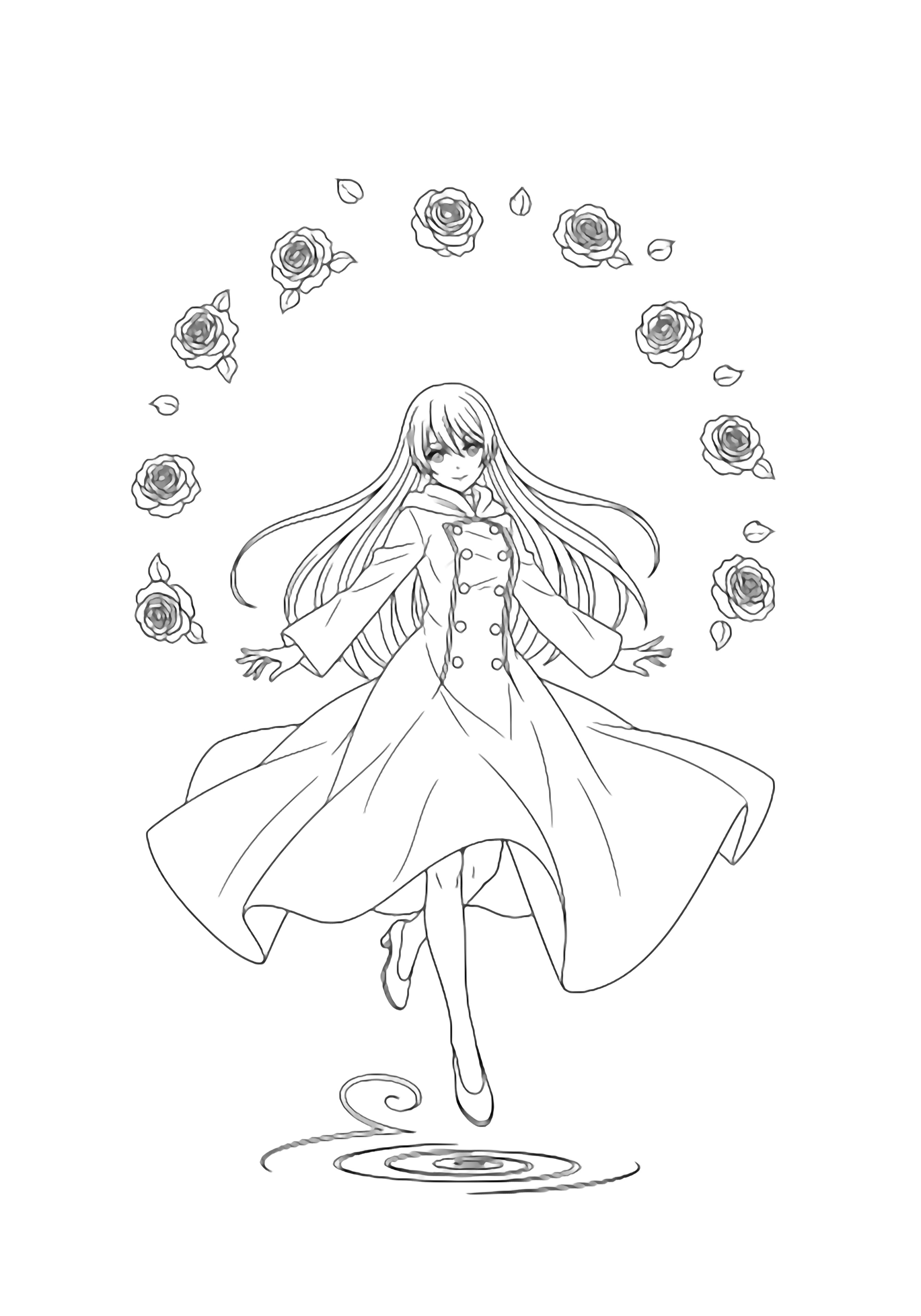 Yor Forger twirls mid-air, hair and coat hems swirling, single-line roses drifting around her in a half-circle frame, minimal floor swirl below. kleurplaat
