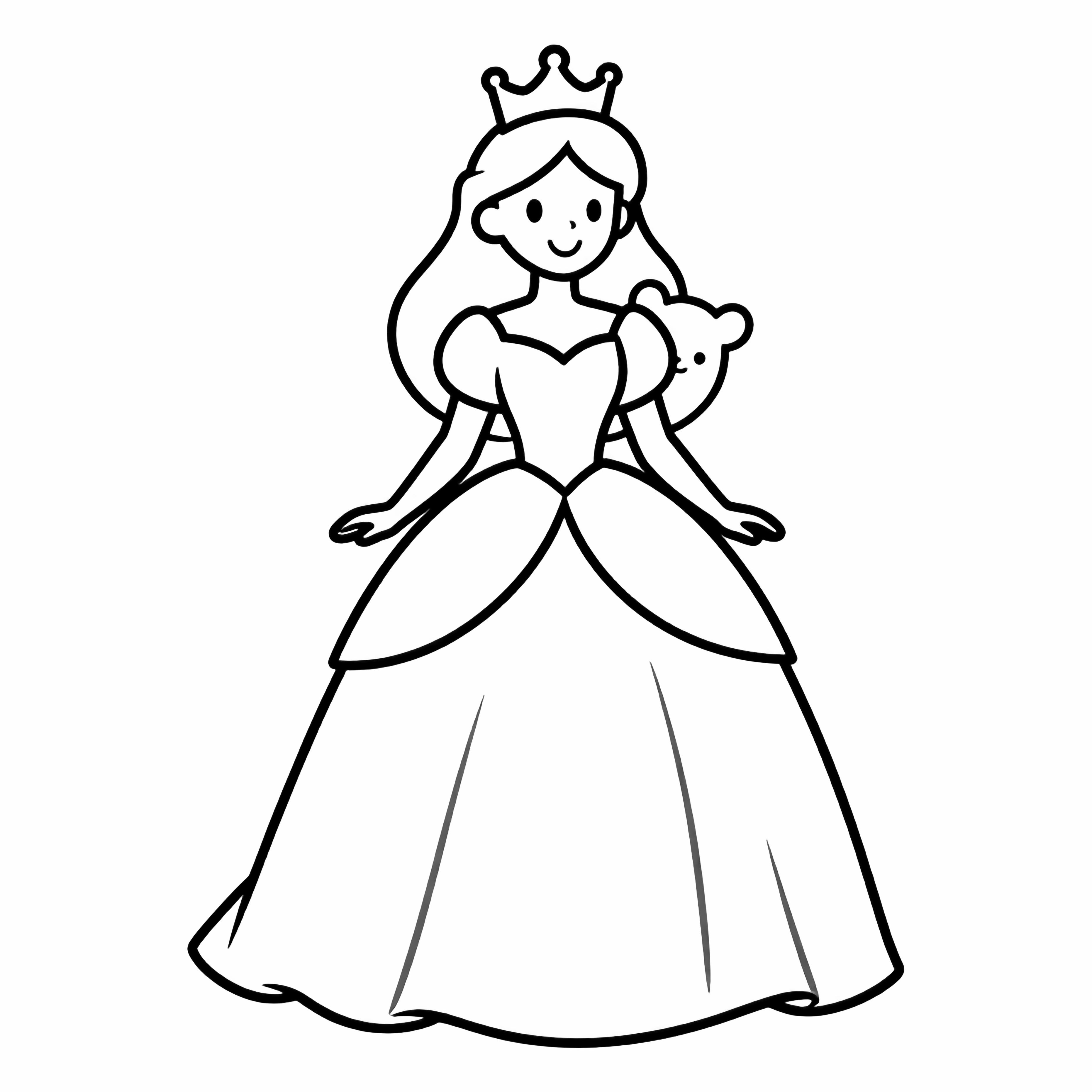Lachende prinses met kroon en vloeiende jurk met vriendelijk dierenvriendje, gecentreerd in een lege ruimte. kleurplaat