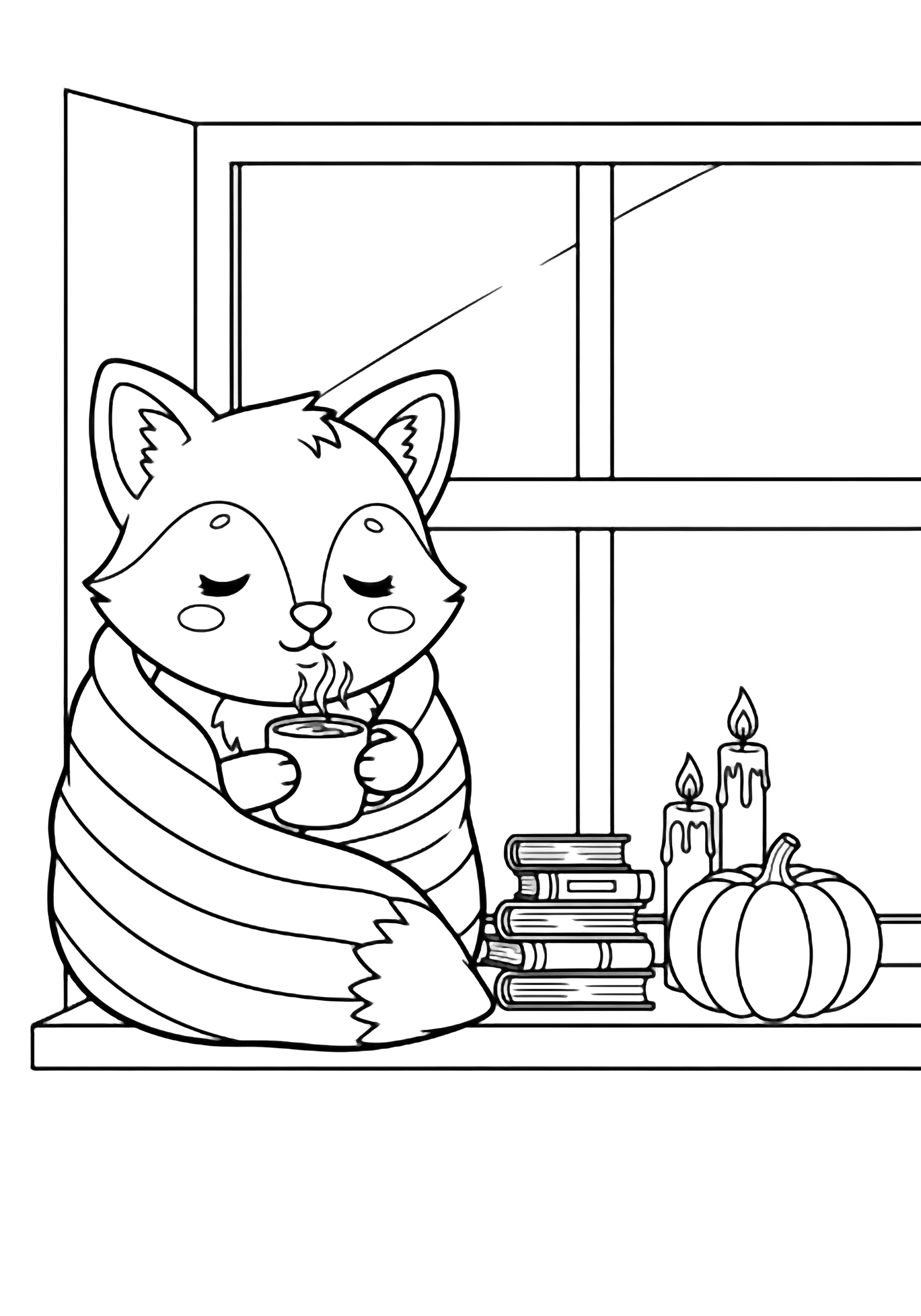 A sleepy fox wrapped in a striped blanket hugs a steaming mug; tiny books and tall candles sit beside a pumpkin on a window seat, simple panes behind. kleurplaat
