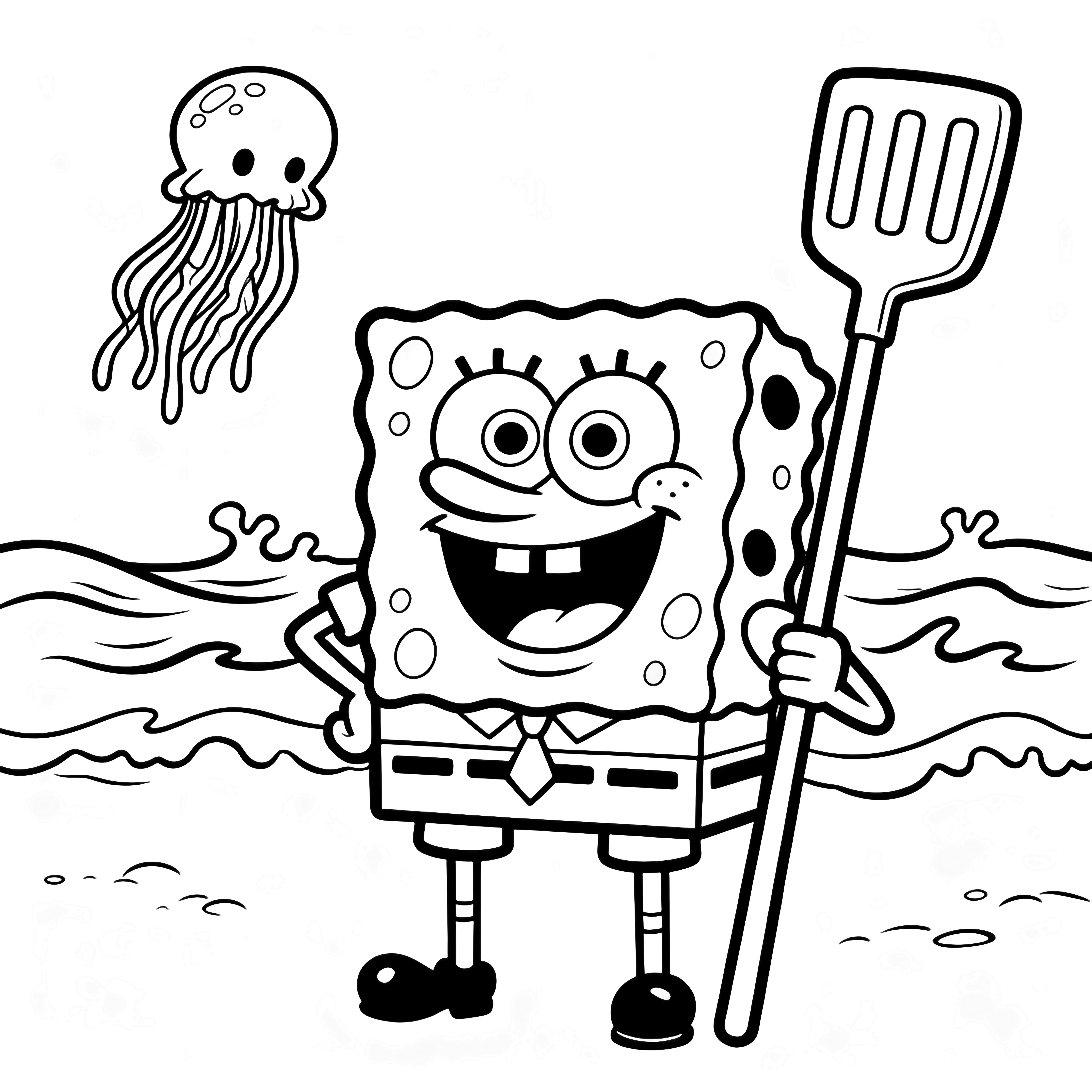 SpongeBob, big smile, holds a tall spatula like a baton; simple waves and one jellyfish drift behind. kleurplaat