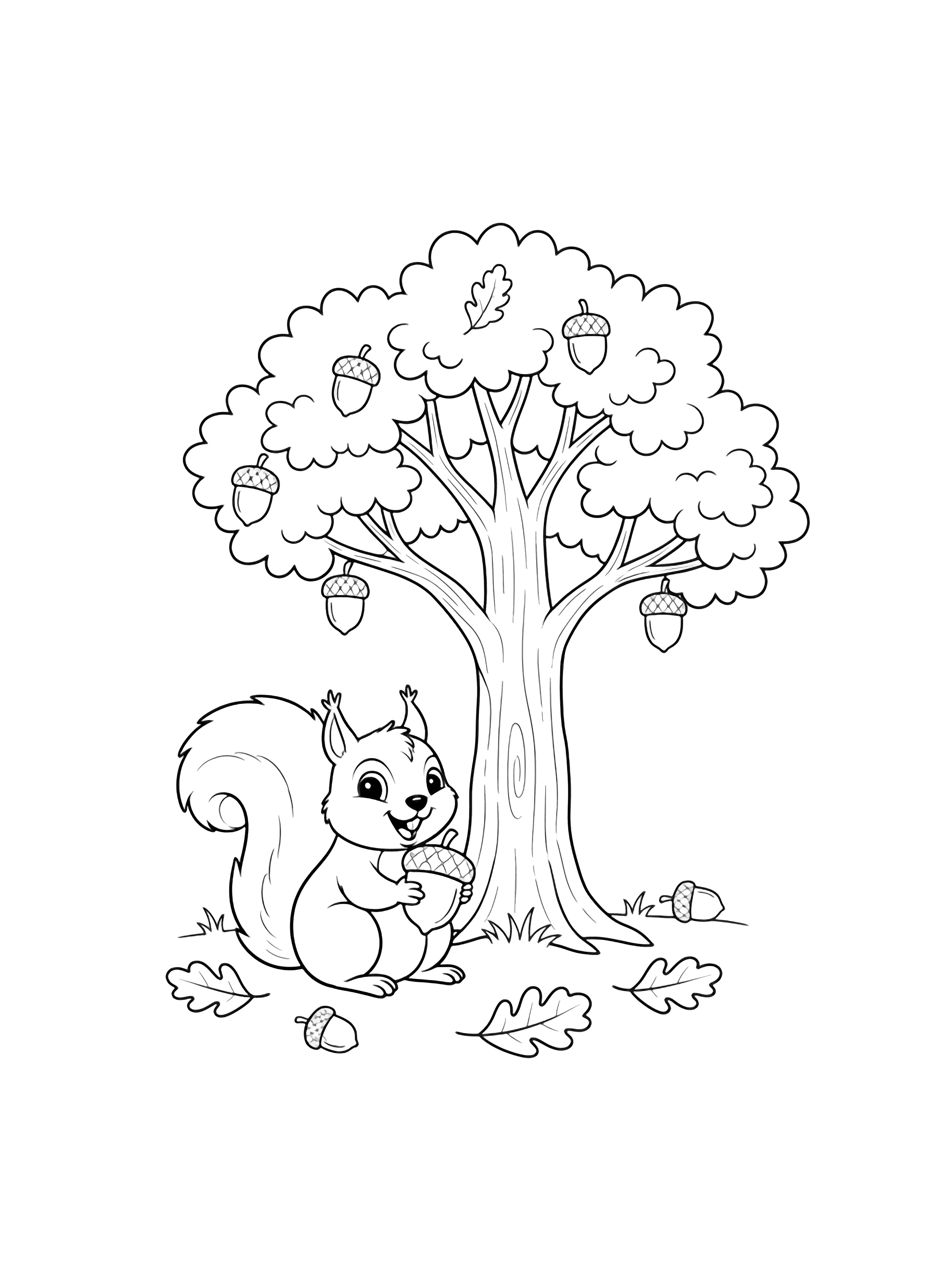 A black and white page of a friendly squirrel sitting happily beside a sturdy oak tree The squirrel has a fluffy tail and is holding an acorn with a cheerful smile The tree has simple rounded leaves in clusters a thick trunk and a few fallen leaves scattered on the ground A few acorns are shown clean black and white line drawing minimal shading no colour no fill kleurplaat