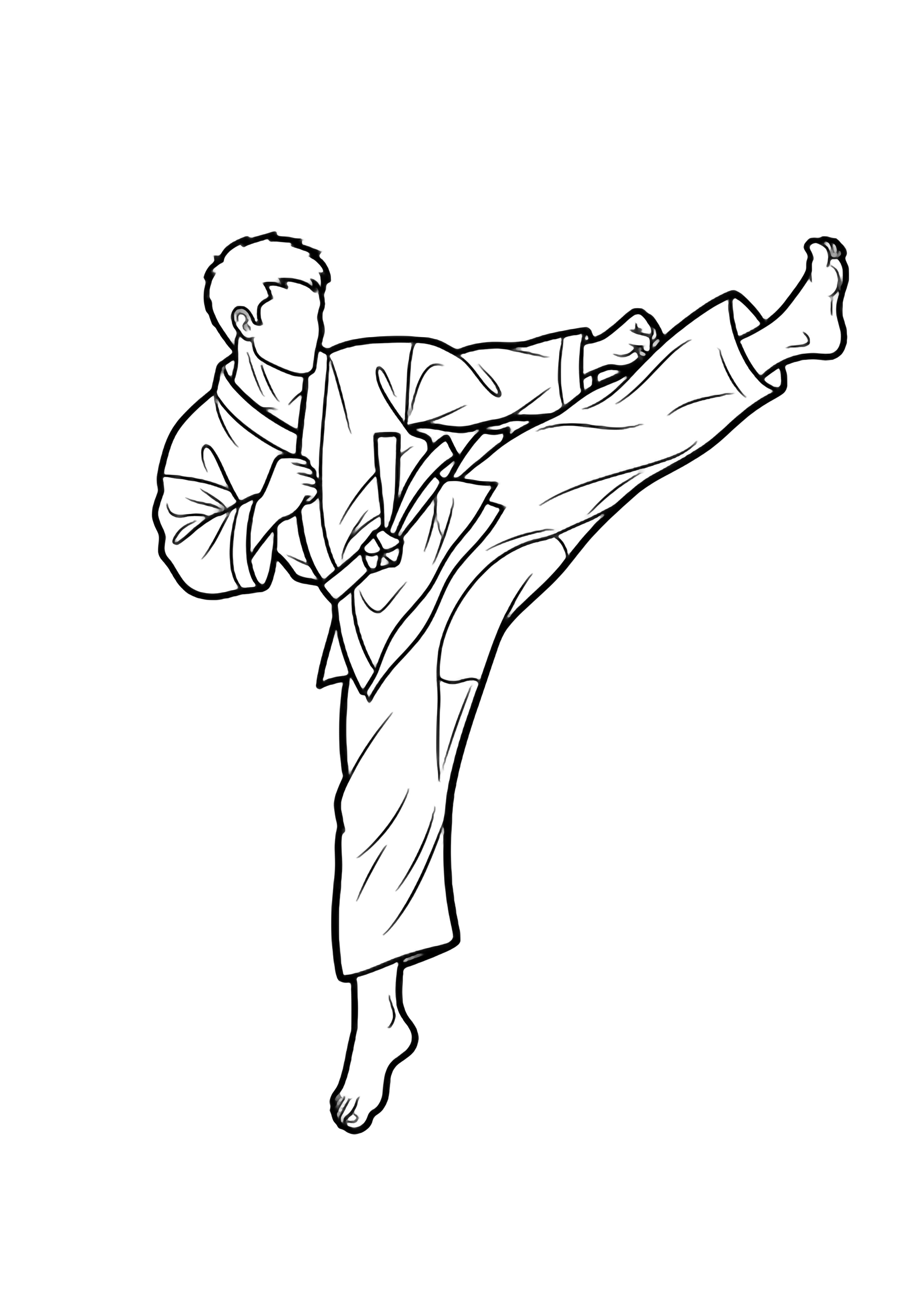 A karate fighter suspended mid-air, performing a high front kick, wearing a gi with sleeves flaring and toes pointed, body angled dynamically. kleurplaat