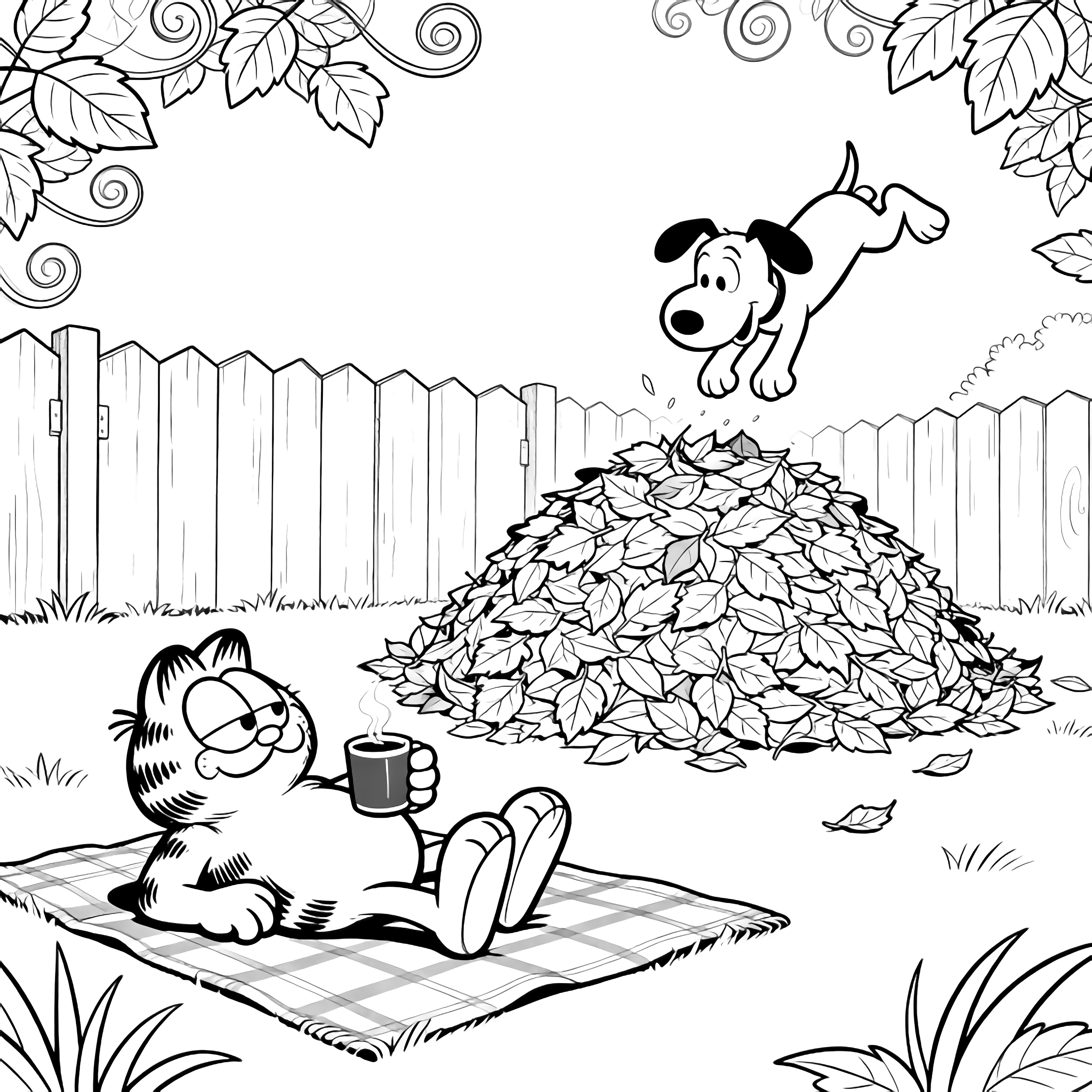 Garfield reclines on a picnic blanket, mug in paw, as airborne Odie plunges into a big leaf pile; simple fence and swirling leaves surround them. kleurplaat