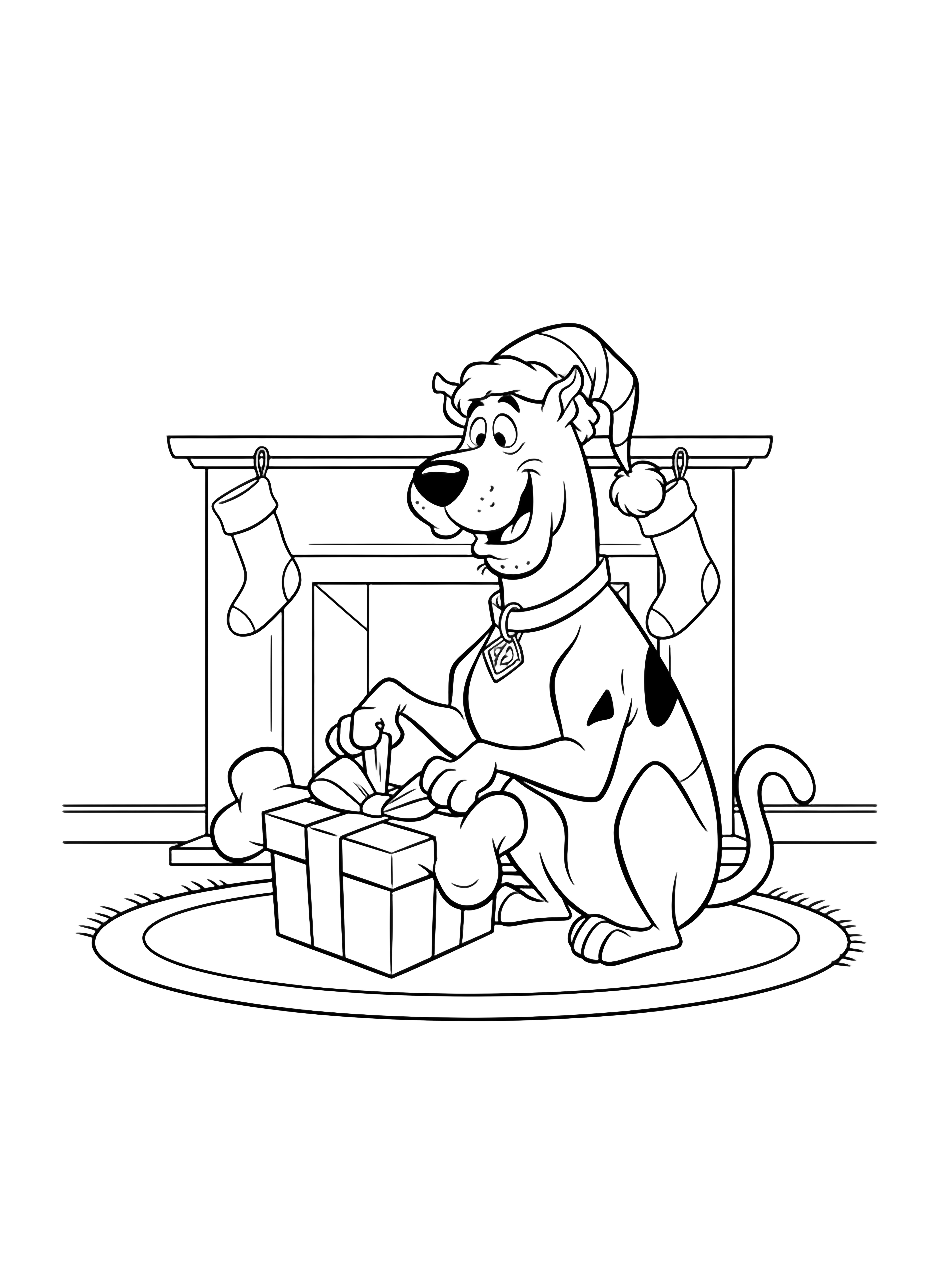 Scooby-Doo on a rug, tugging a ribboned bone gift, wearing a striped Santa hat, framed fireplace behind. kleurplaat