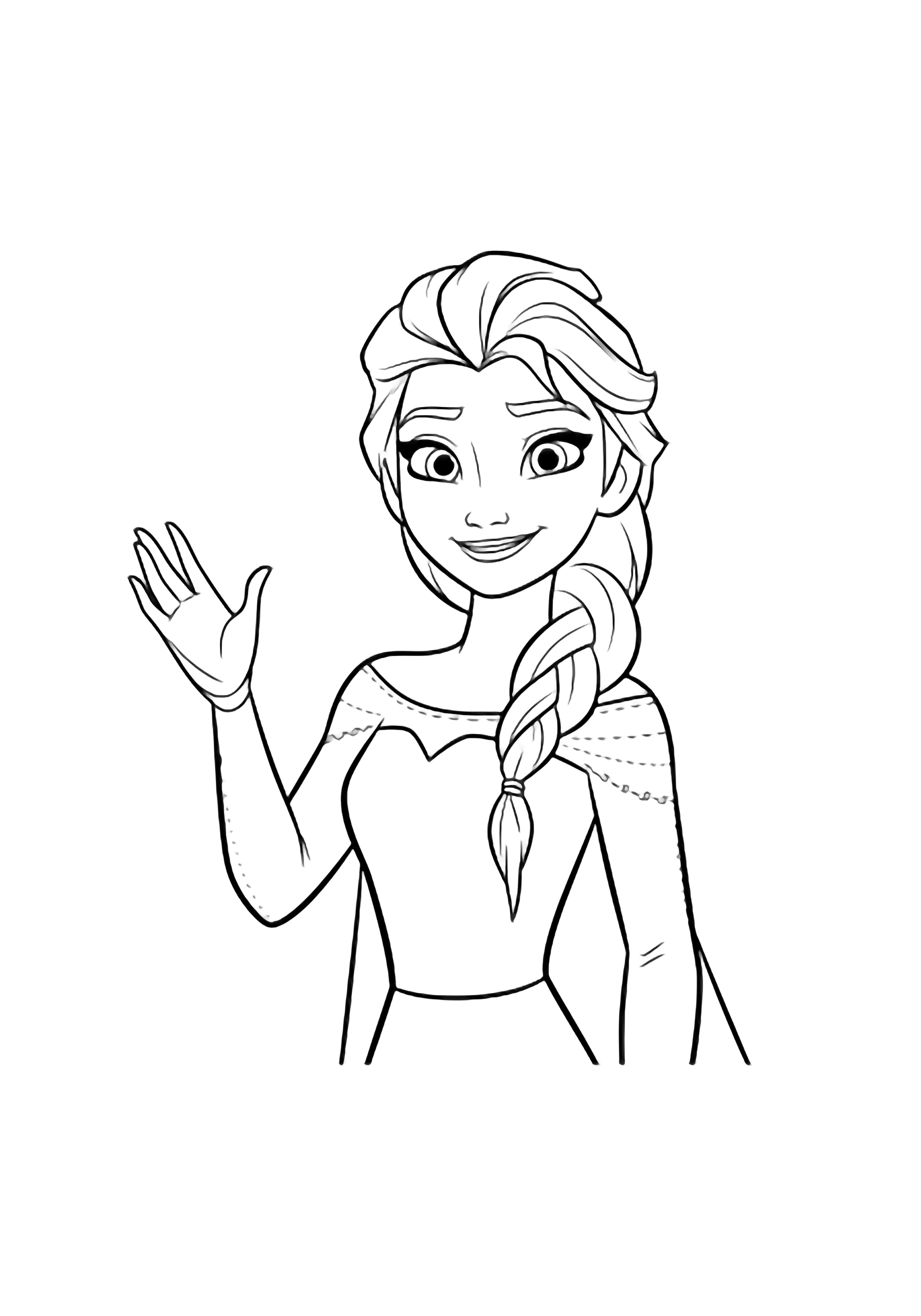 Elsa waves cheerfully, her long blonde hair drifting as she stands in a simple dress, one gloved hand raised in greeting. kleurplaat