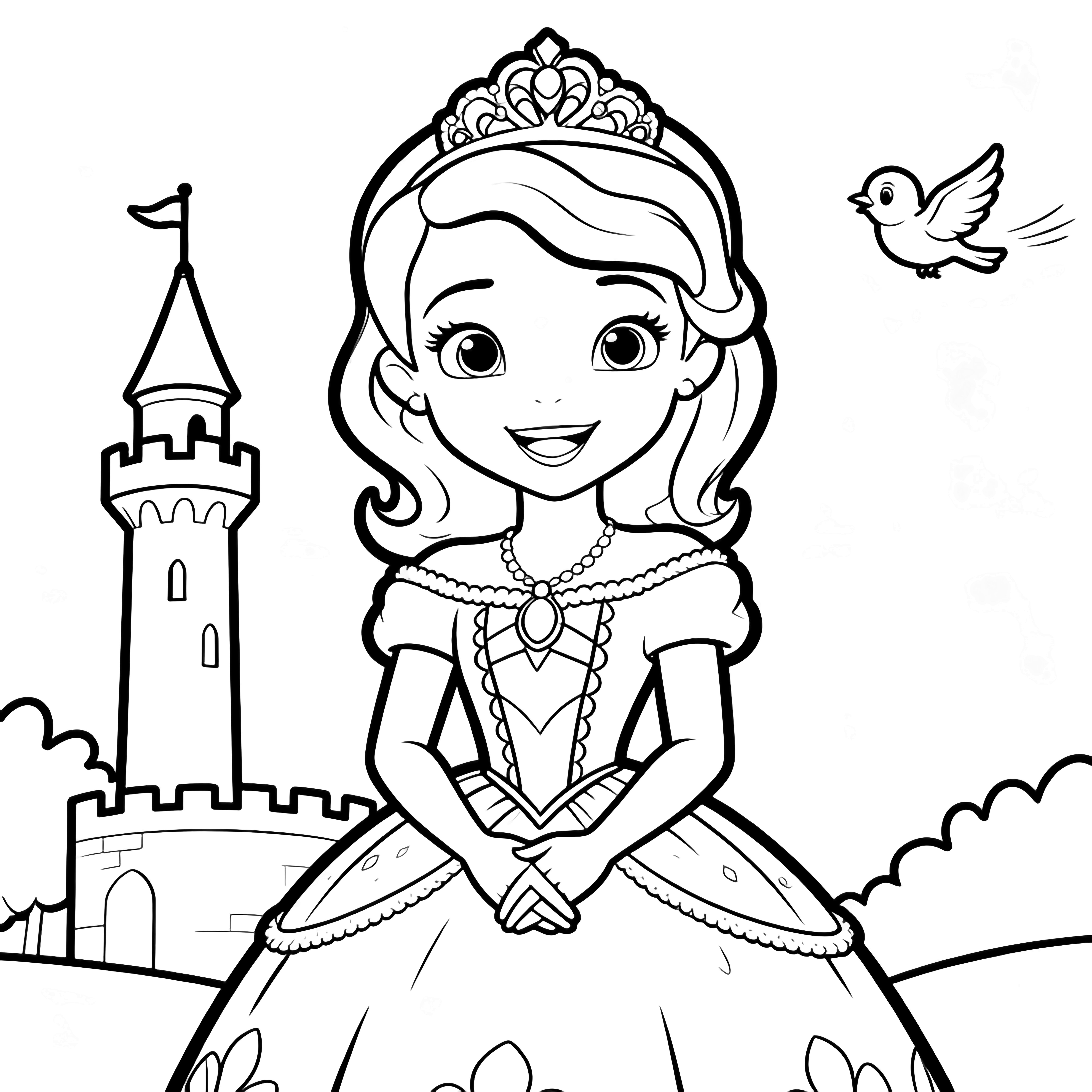 Princess Sofia stands smiling with hands politely folded; behind her a simple castle tower and tiny fluttering bird kleurplaat