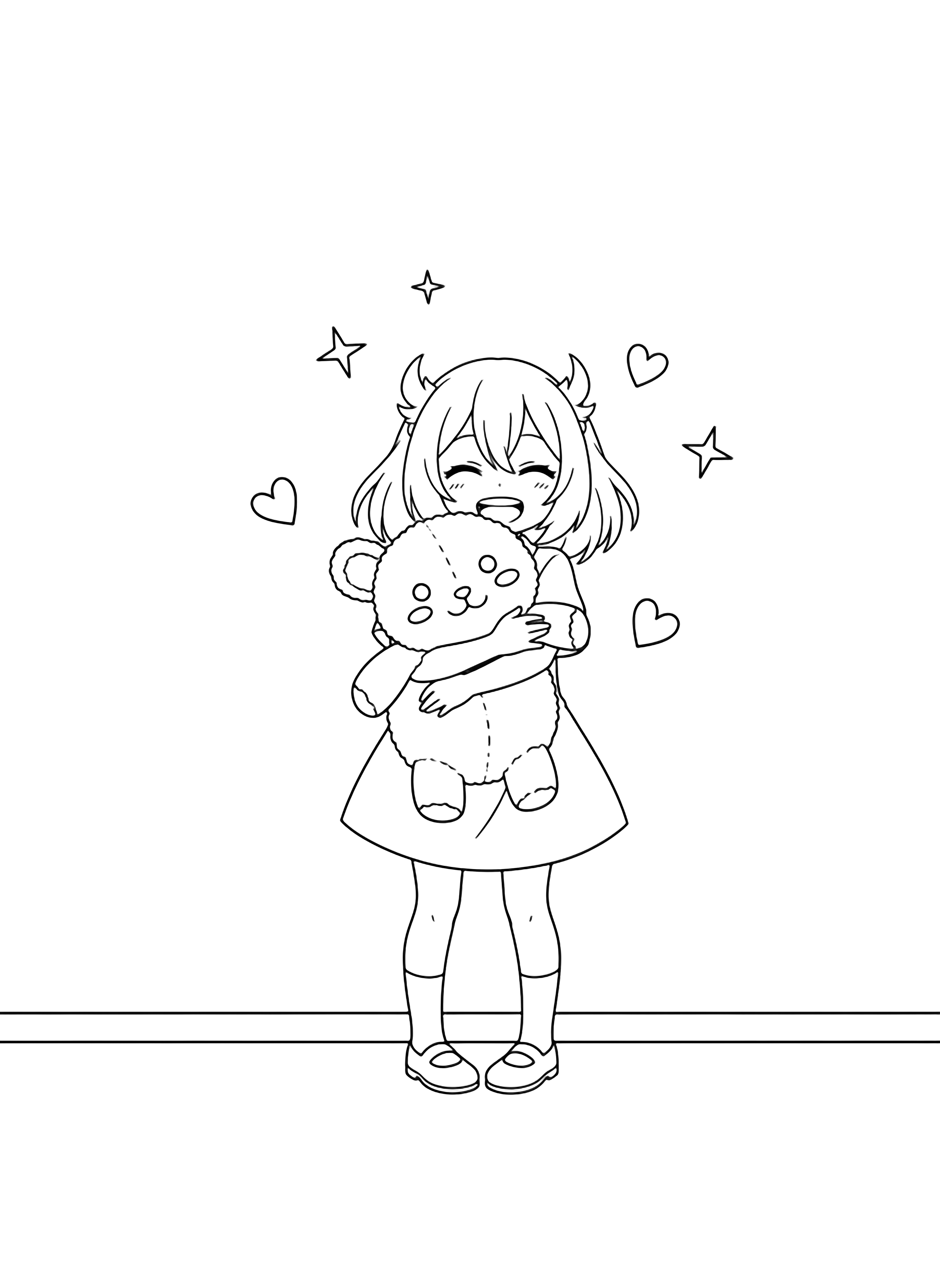 Anya Forger hugs her round stuffed toy, smiling beneath a blank wall; minimal stars and hearts drift around her. kleurplaat