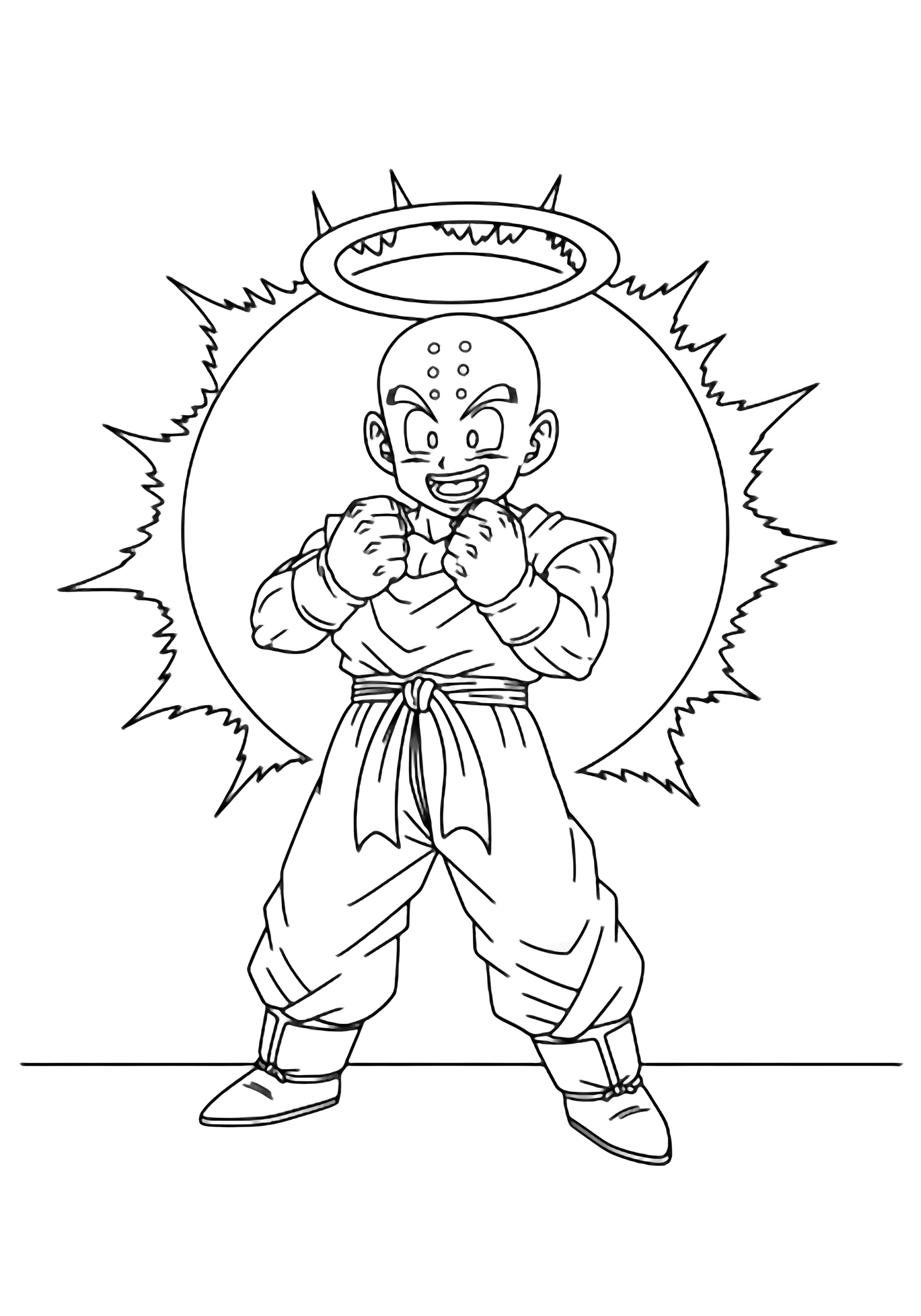 Krillin staat in een vrolijke vechthouding met zijn vuisten omhoog en een grote glimlach, met een eenvoudige energie-aura achter hem. kleurplaat