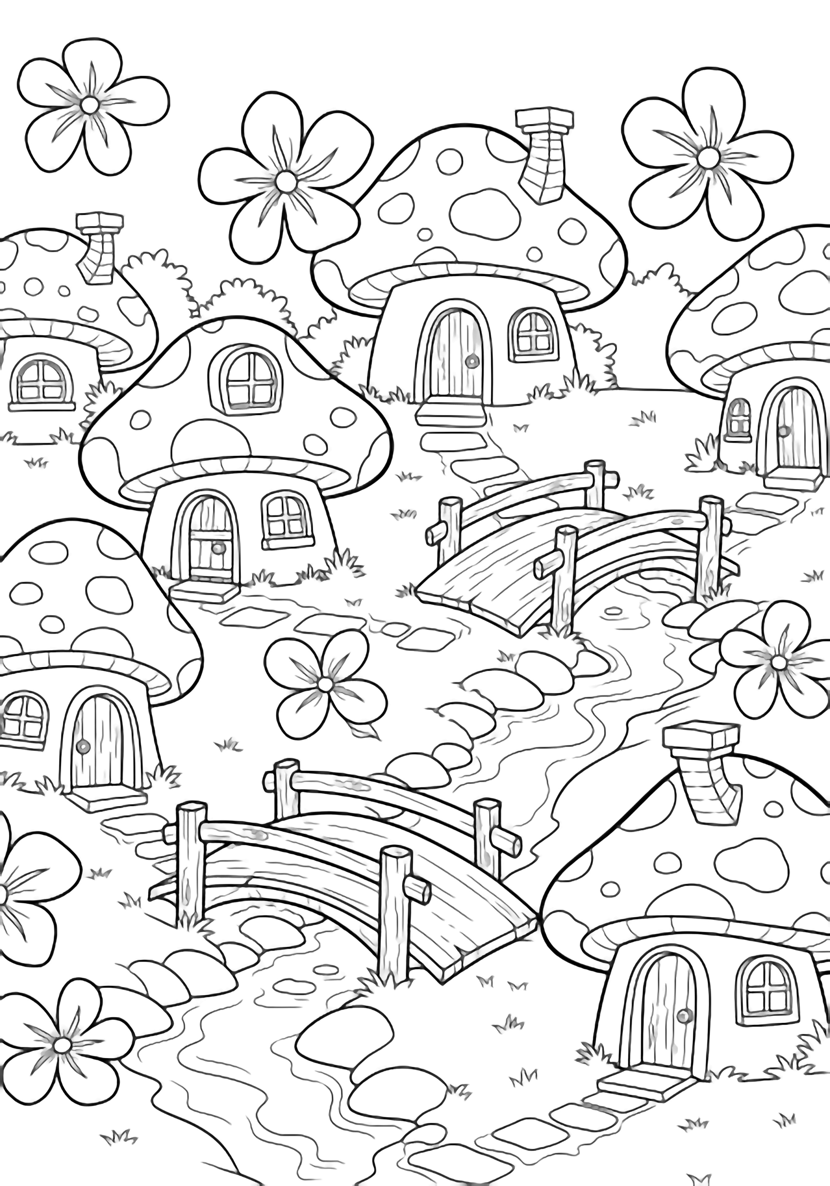 A tidy Smurf village of round mushroom houses with windows and doors, simple log bridges over a tiny stream, and big five-petaled flowers. kleurplaat