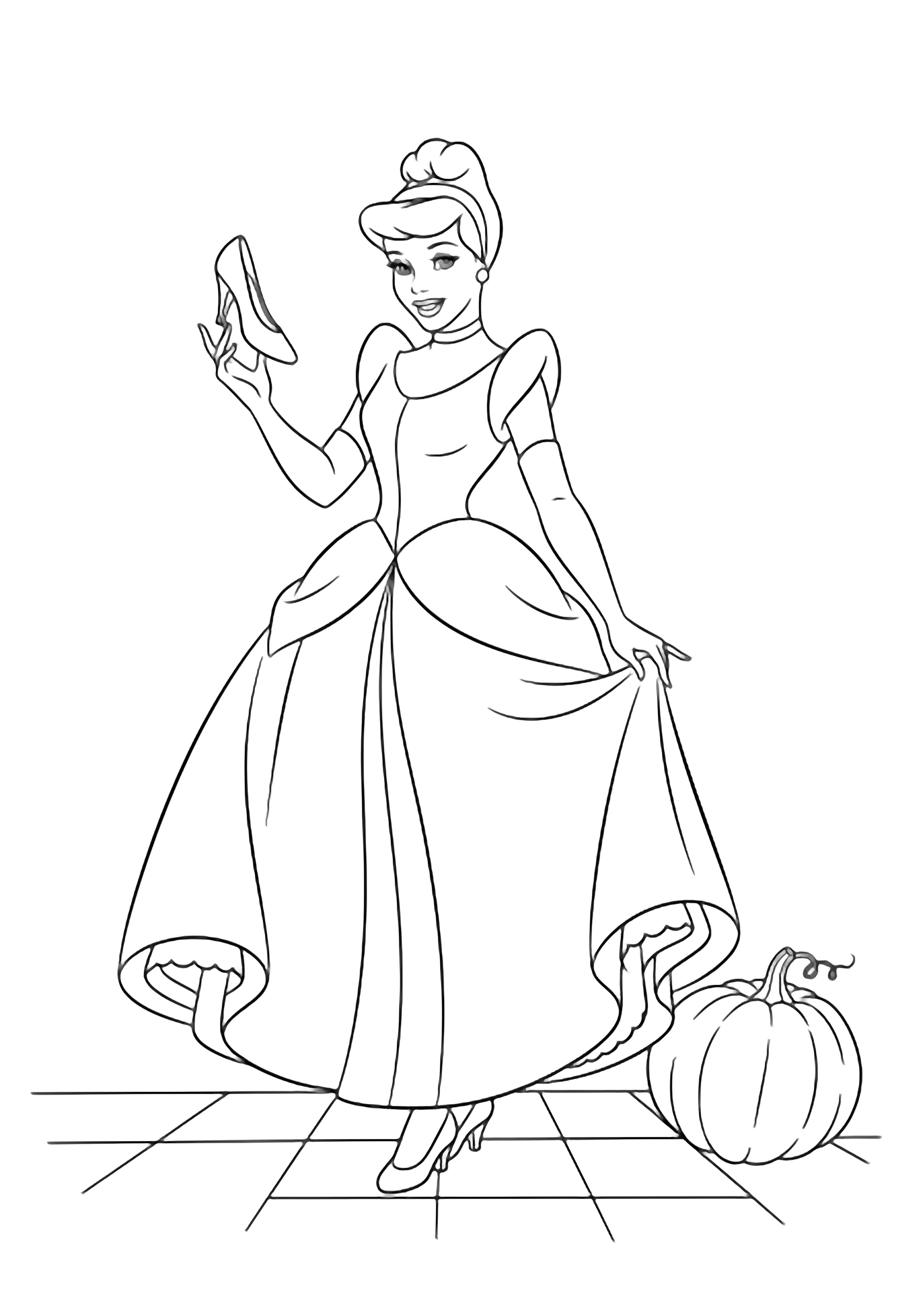Cinderella lifts a glass slipper, her skirt swaying; a pumpkin rests on tiled floor behind her. kleurplaat
