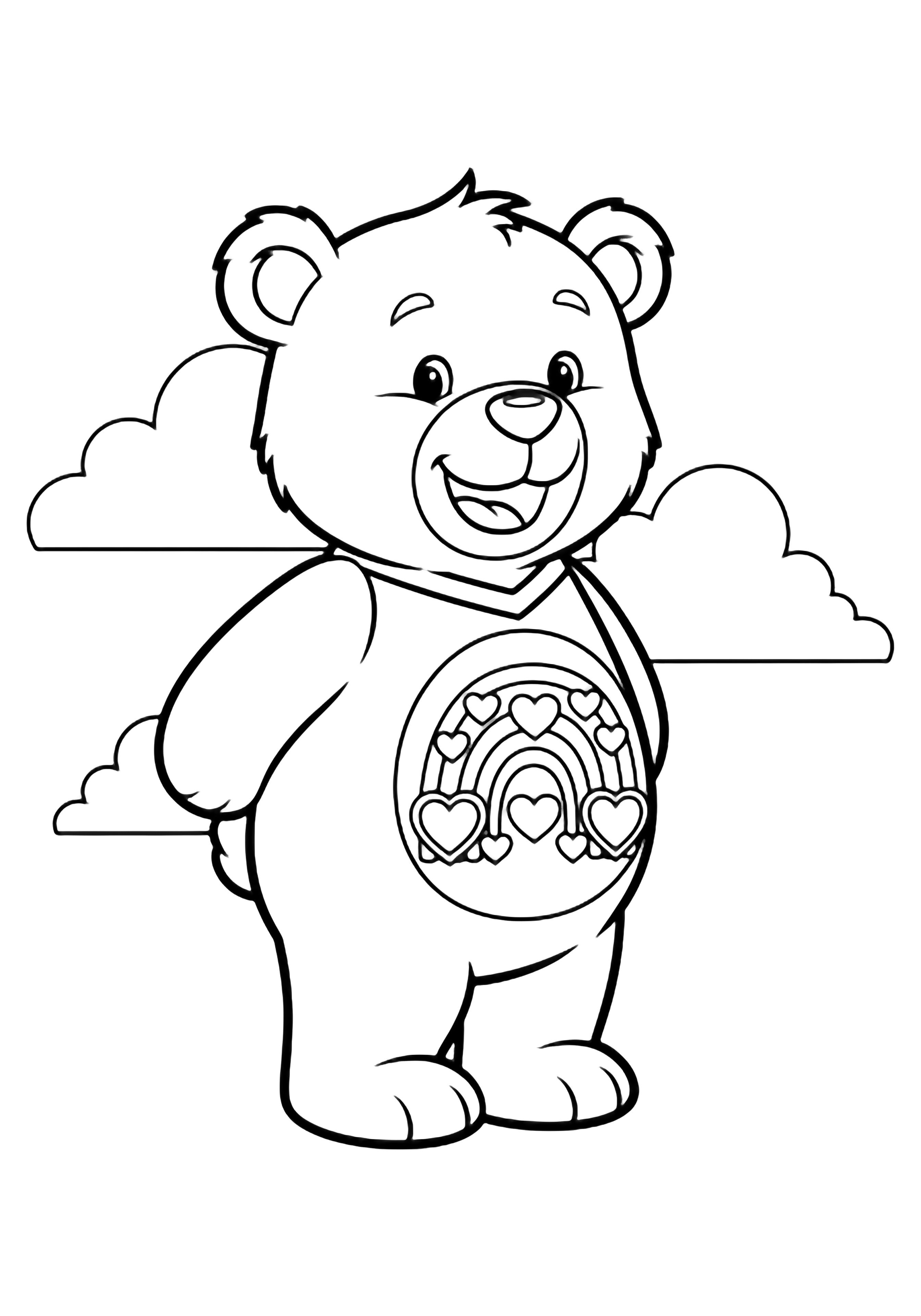 Cheer Bear stands sideways smiling, rainbow-heart belly badge, simple clouds behind kleurplaat