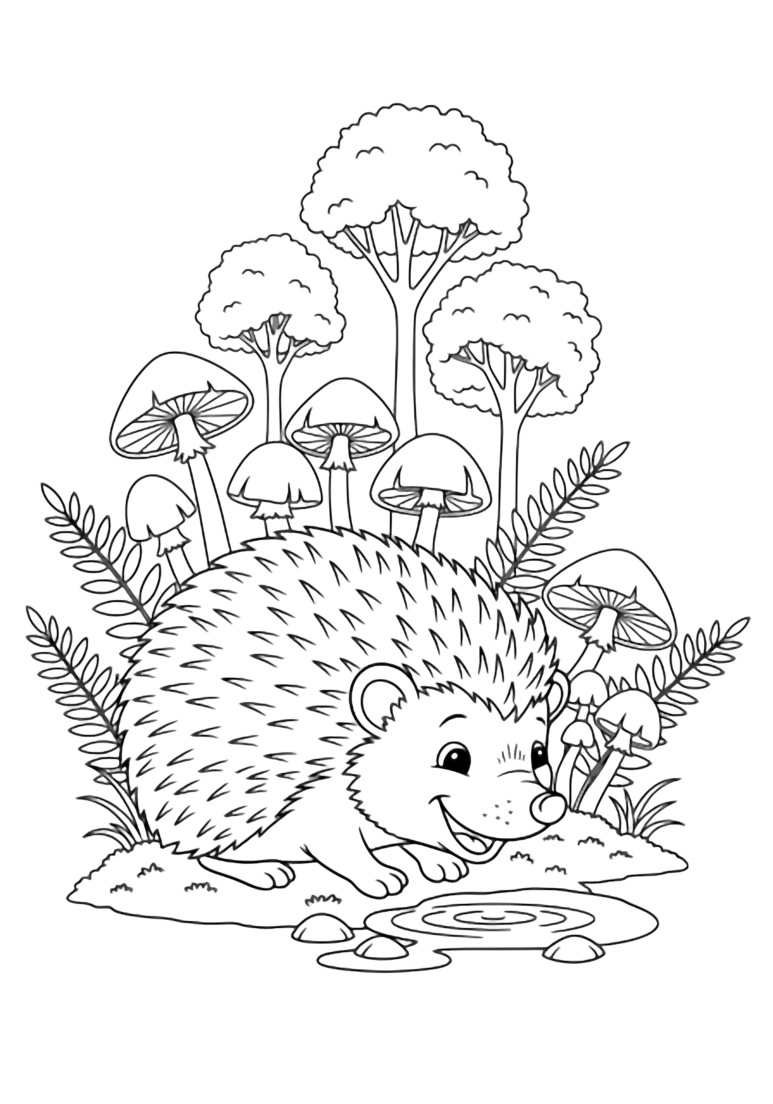 A smiling hedgehog crouches, tiny paws touching moss, sipping from a puddle amid mushrooms, ferns, and three trees. kleurplaat