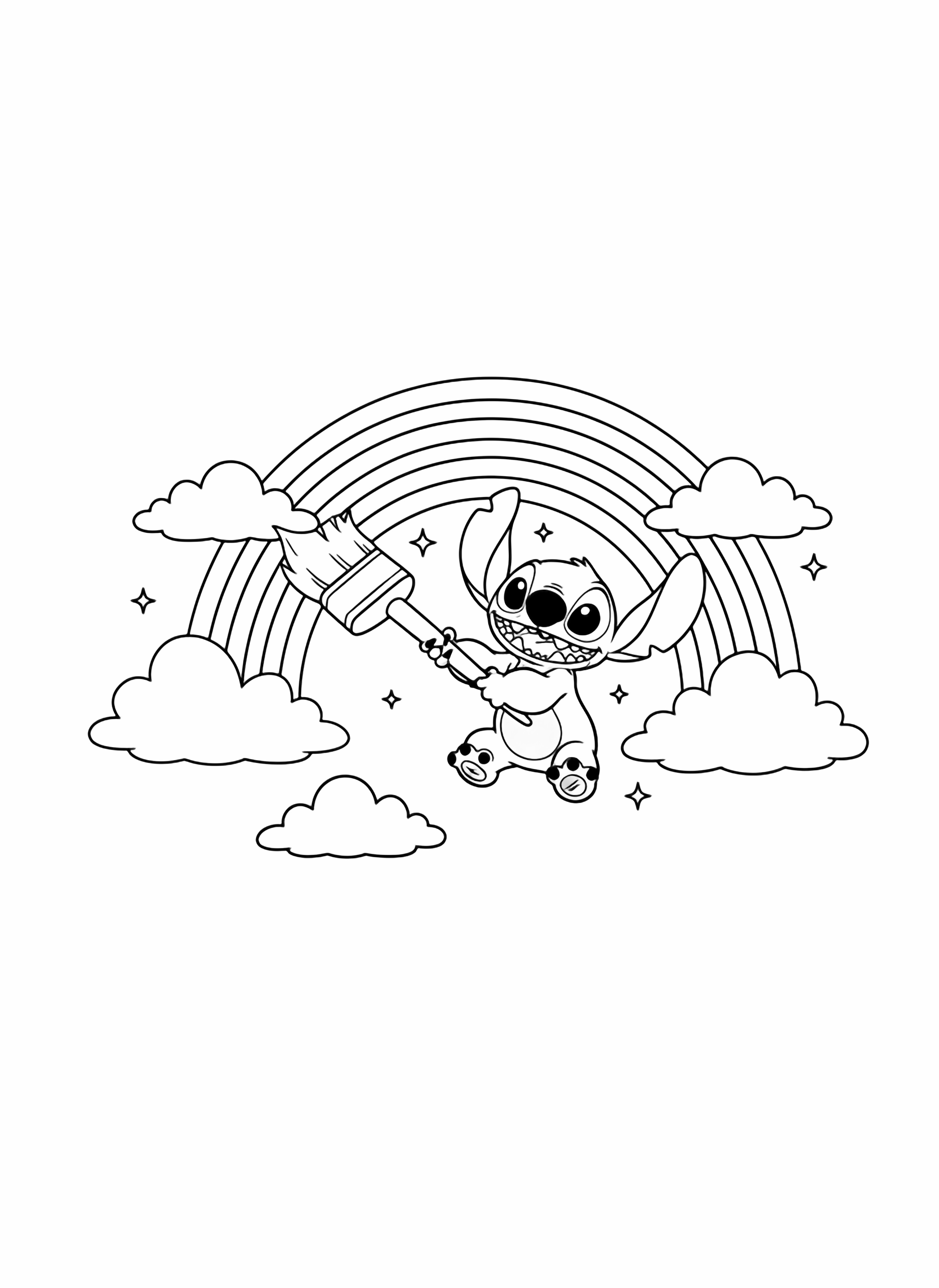 A black and white illustration of the lovable alien Stitch happily painting a large smiling rainbow across the sky His big ears are perked up with joy as he holds a wide paintbrush leaving behind gentle arcs that form a cheerful rainbow Fluffy clouds drift around him and tiny stars twinkle nearby Below clean black and white line drawing minimal shading no colour no fill kleurplaat