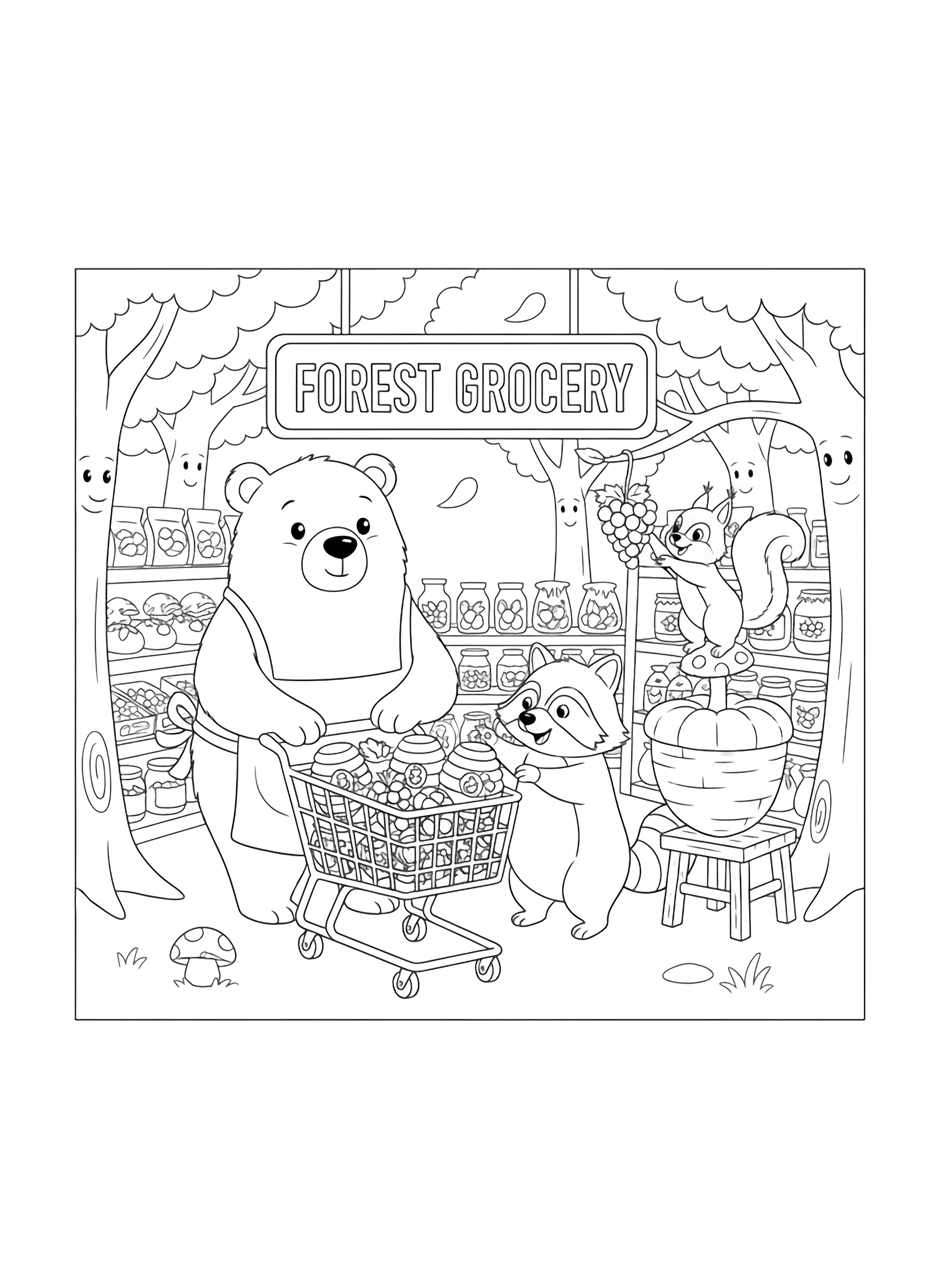 A black and white page showing a cheerful forest supermarket scene A big round bear wearing a tiny apron pushes a wide cart full of honey jars and berries Beside him a squat raccoon with a striped tail reaches for a basket shaped like an acorn A smiling squirrel stands on tiptoe clean black and white line drawing minimal shading no colour no fill kleurplaat
