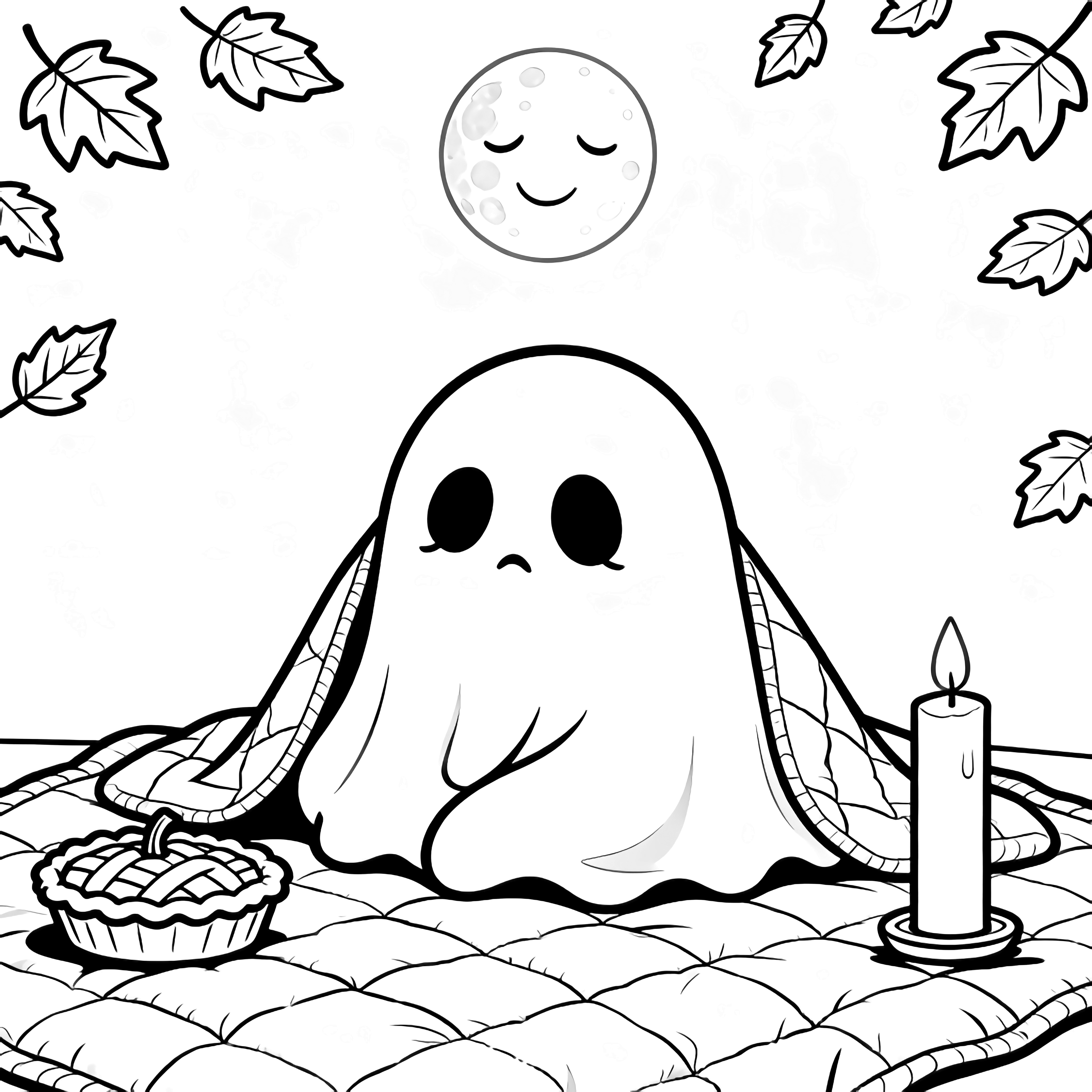 A chubby ghost with sleepy eyes curls under a quilt, flanked by a tiny pumpkin pie and a tall taper candle, with falling leaves and a smiling moon above. kleurplaat