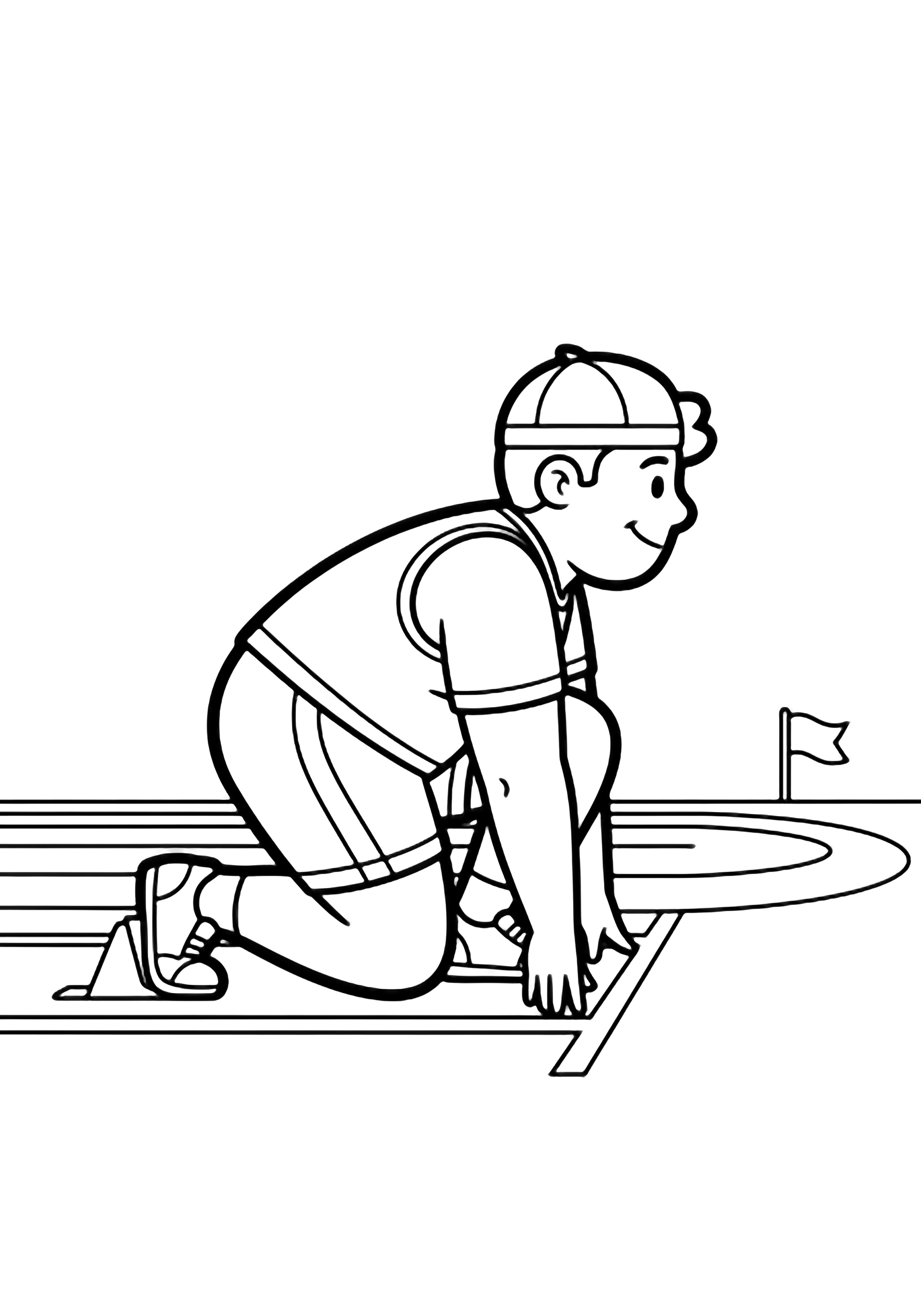 Chubby child crouched at starting line, fingertips on track, smiling sideways; tiny flag beyond oval lane. kleurplaat
