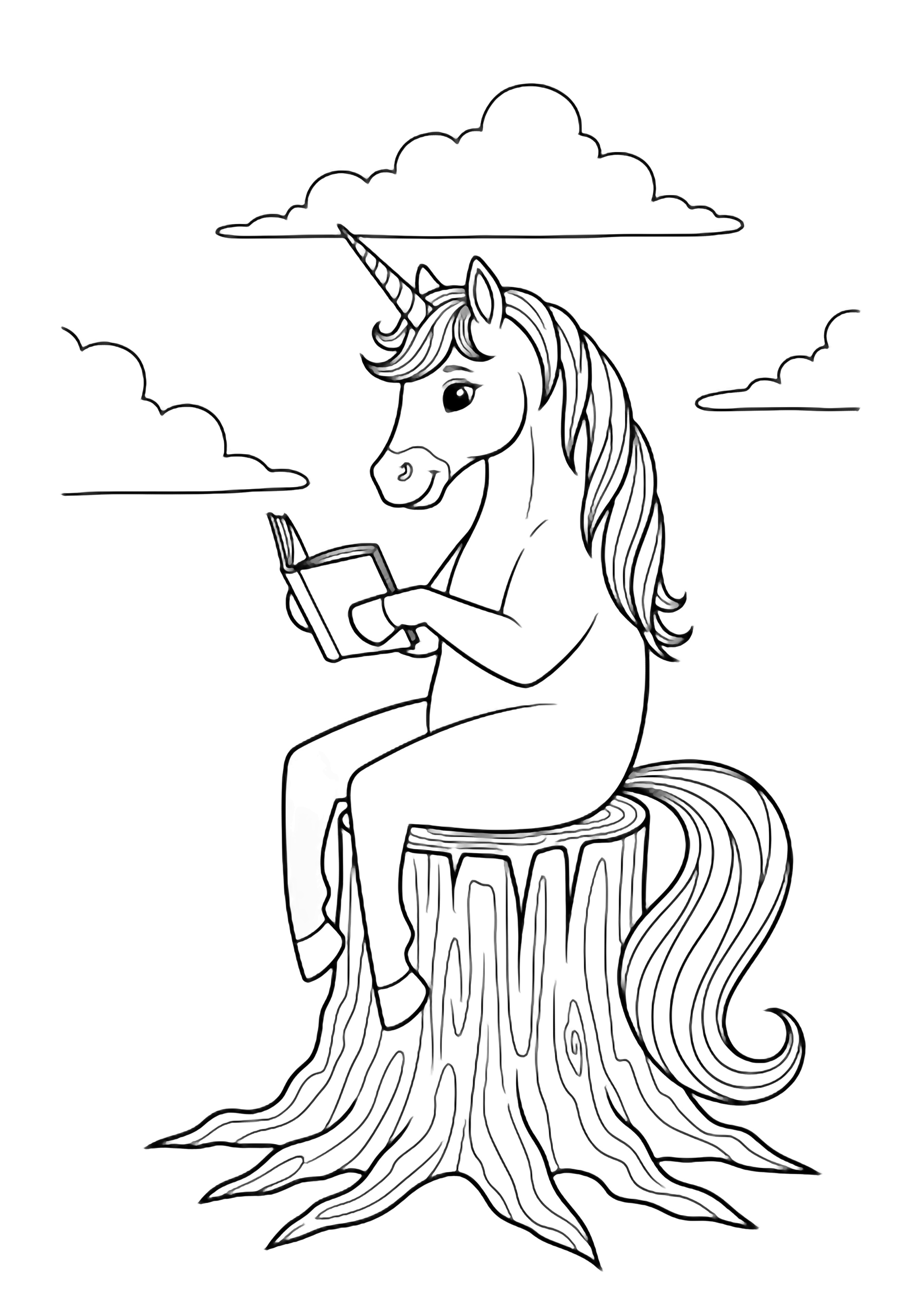 Unicorn sitting on a tree stump, dangling hind legs, holding a tiny notebook, flowing mane and tail, gentle smile, open sky with one fluffy cloud behind. kleurplaat