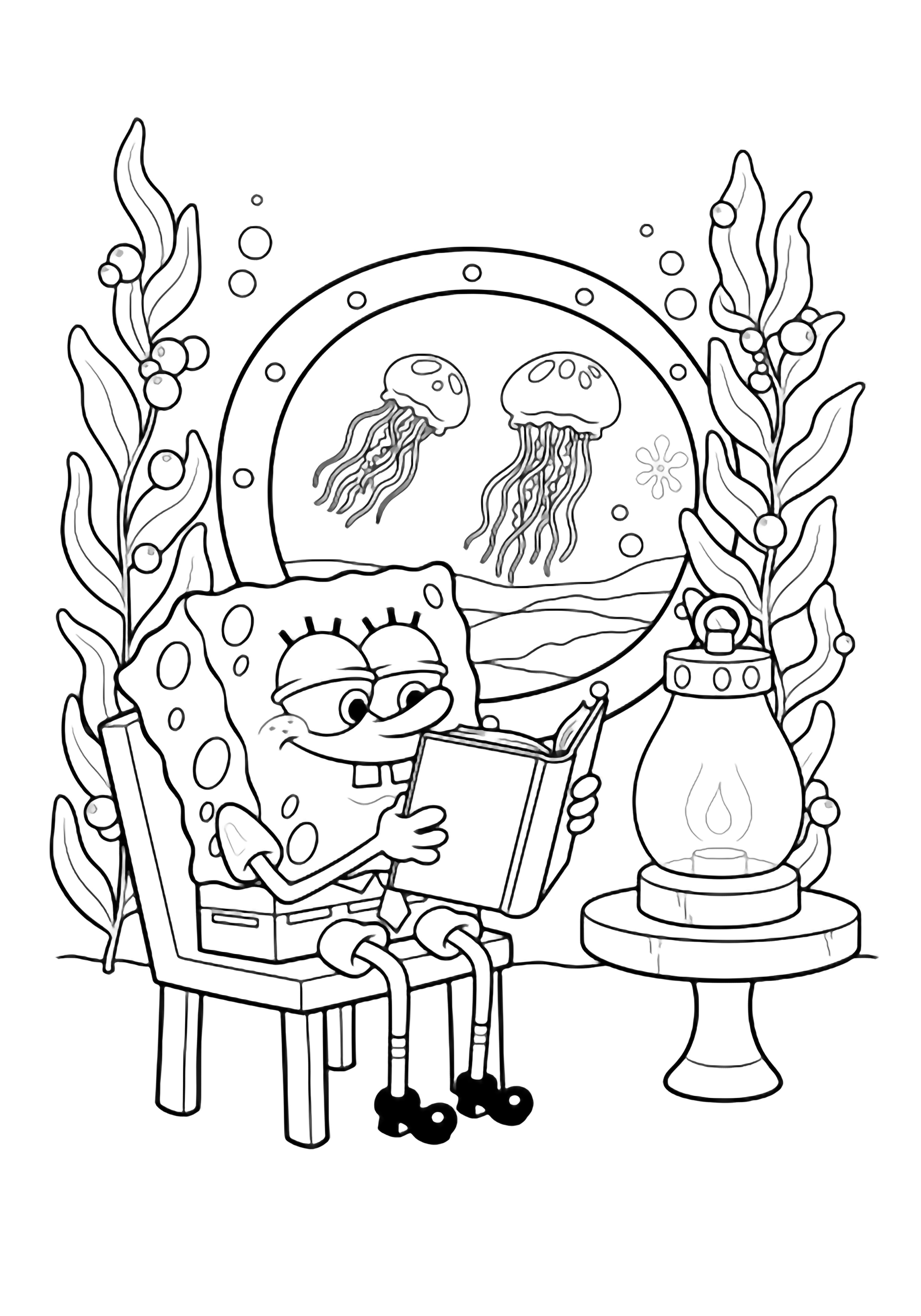 SpongeBob relaxes on a chair reading, a sea-lantern beside him; jellyfish drift past a porthole, bubbly kelp framing the cozy underwater room. kleurplaat