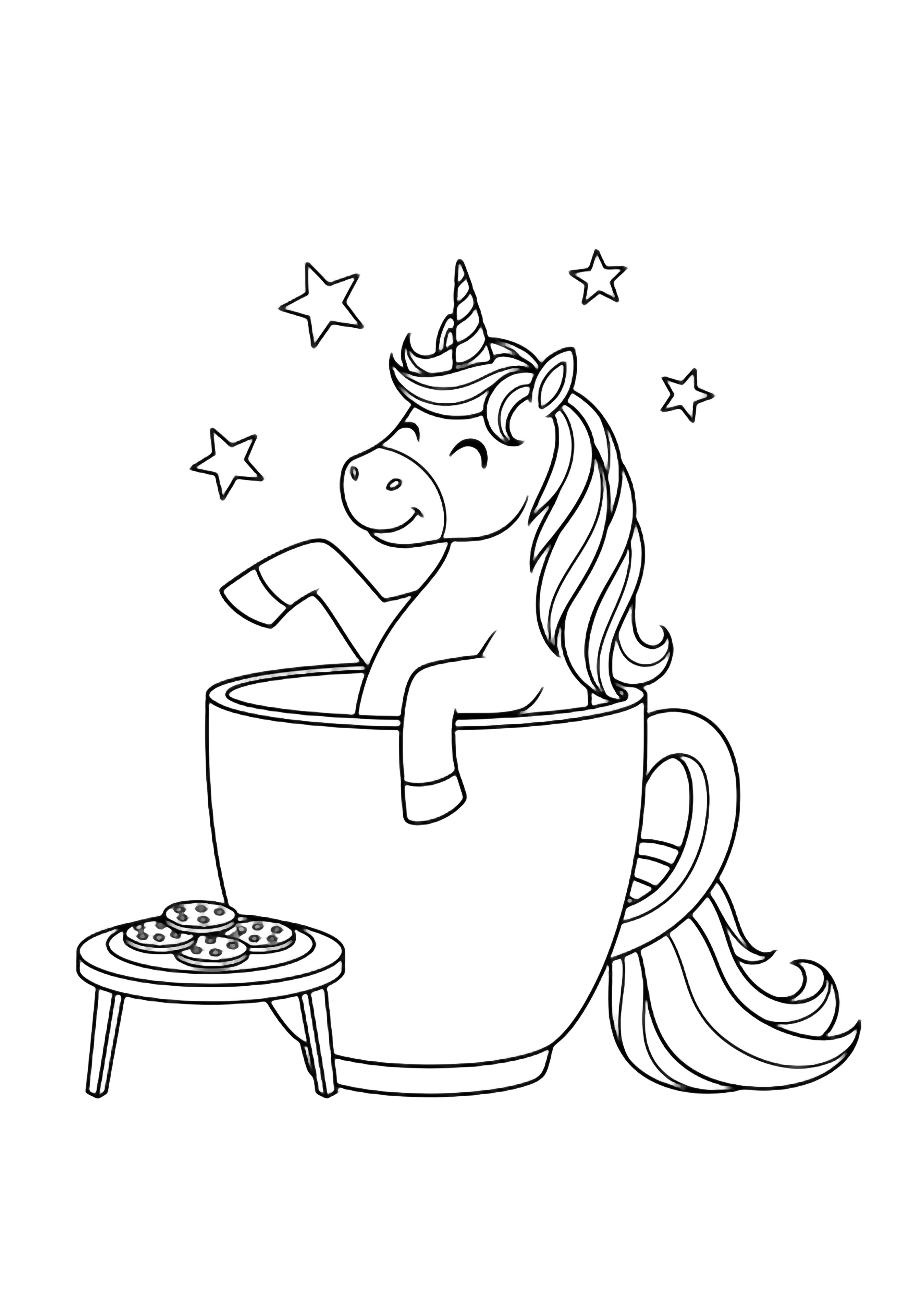 A smiling unicorn sits inside a giant mug, holding the handle with its hoof; stars drift above and a small table with cookies stands nearby. kleurplaat