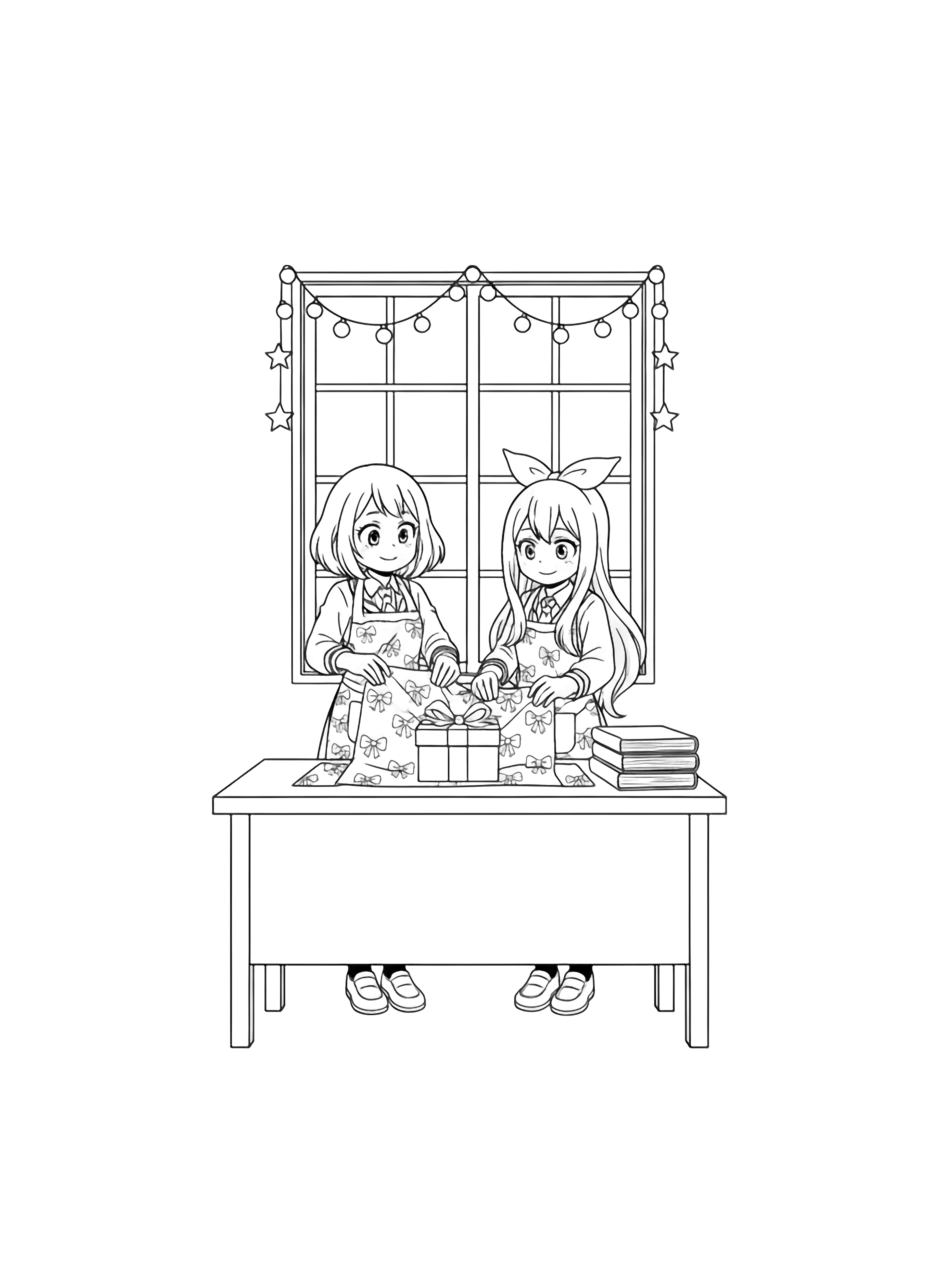 Uraraka and Tsuyu wrap a present at a desk beneath twinkling lights, with a window and stacked books behind them. kleurplaat