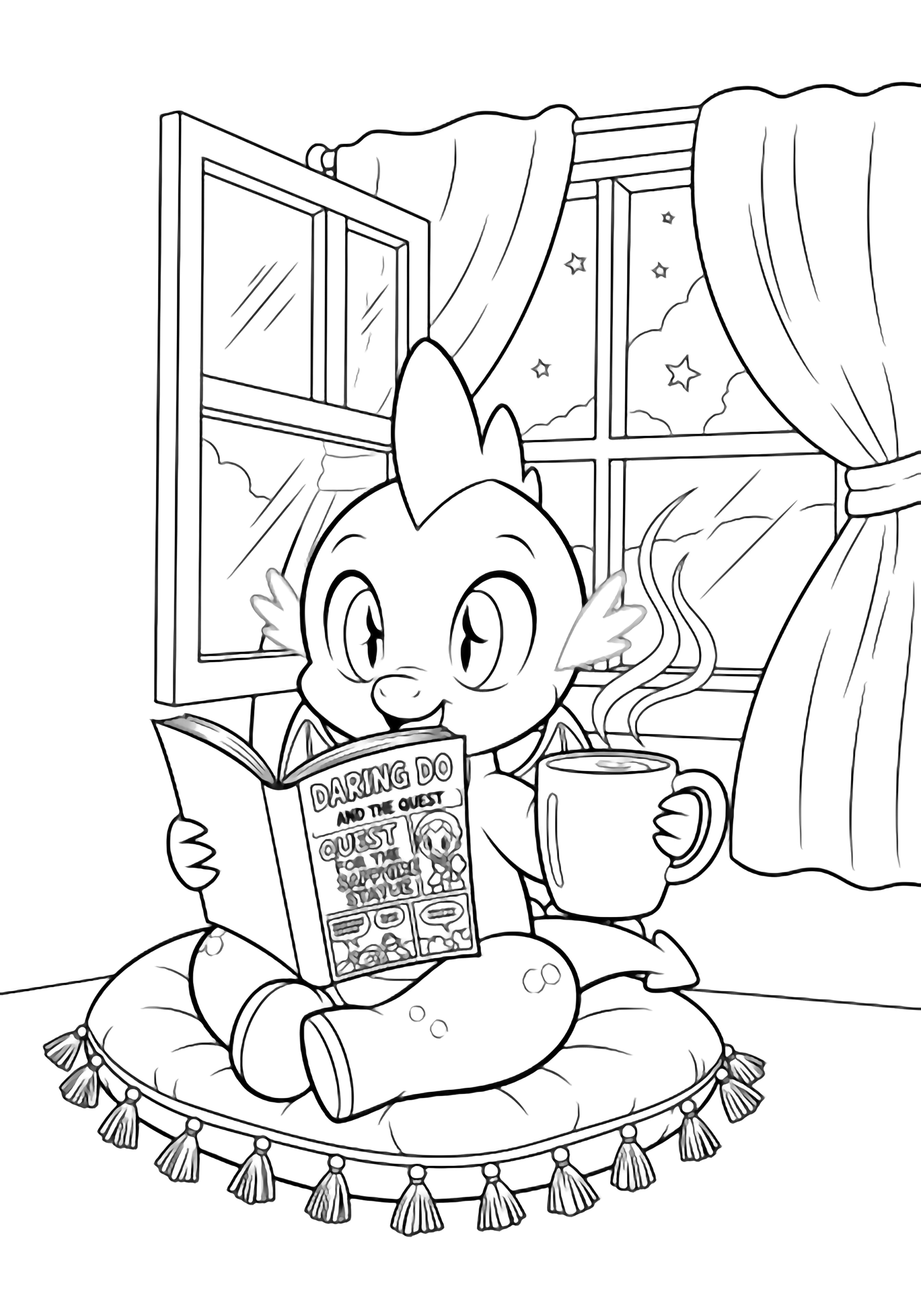 Baby dragon cross-legged on a cushion by an open window, reading a comic book and holding a steaming mug, curtains fluttering, stars outside. kleurplaat