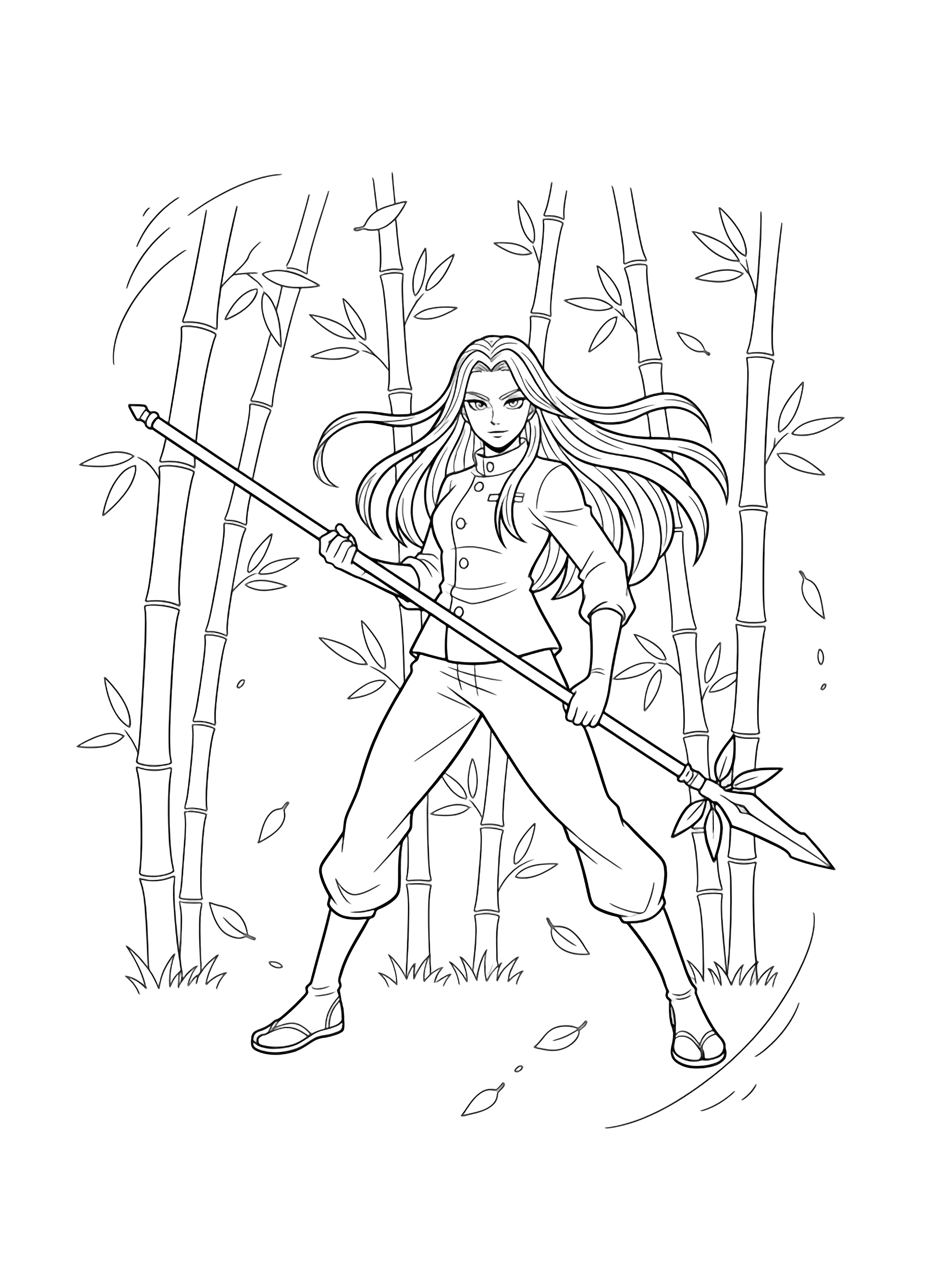 Maki stands with flowing hair, gripping a spear in a forest clearing dotted with bamboo clumps and drifting leaves. kleurplaat