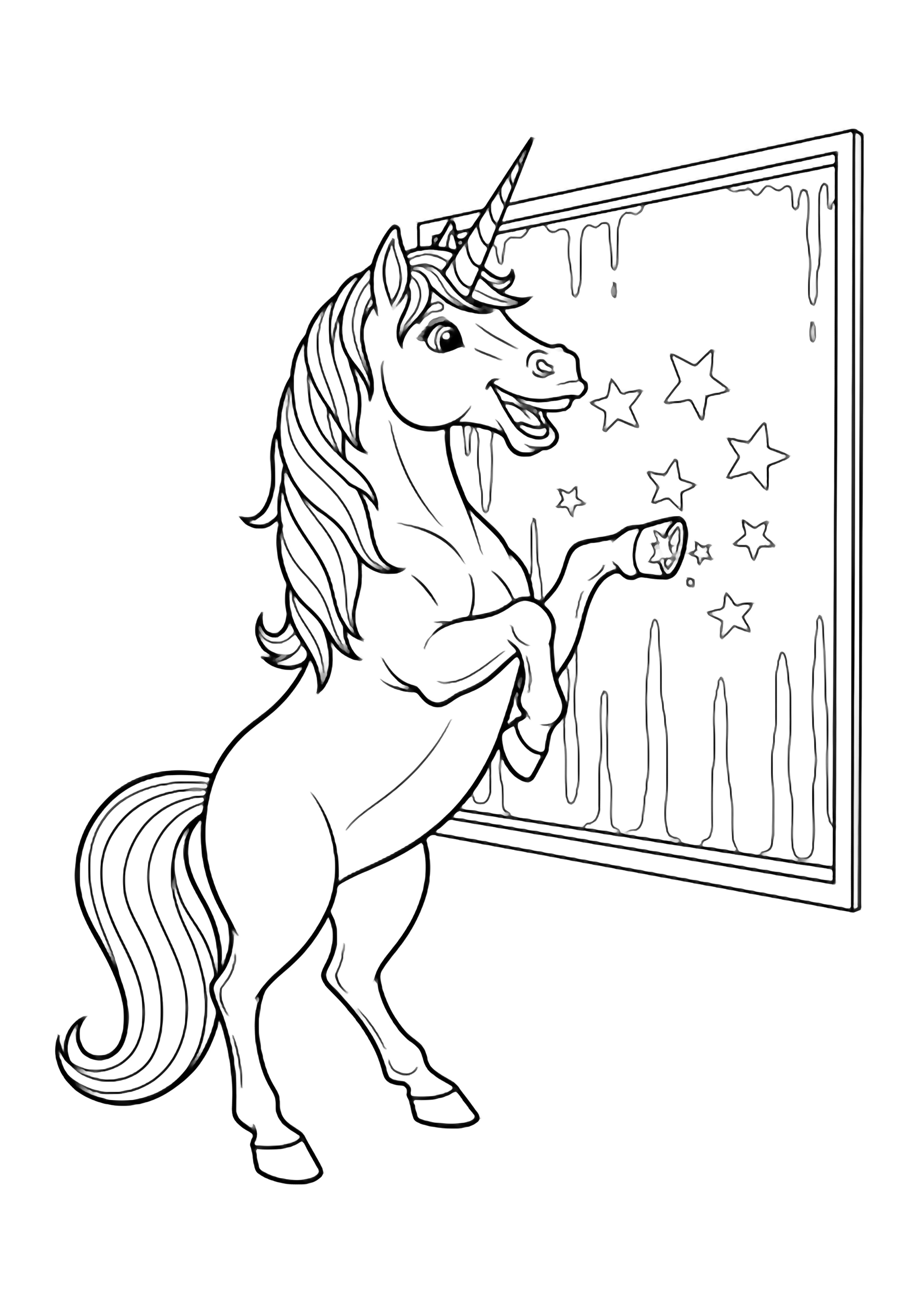 A cheerful unicorn rears up, pressing a hoof to a misty window while sketching little stars on the glass. kleurplaat