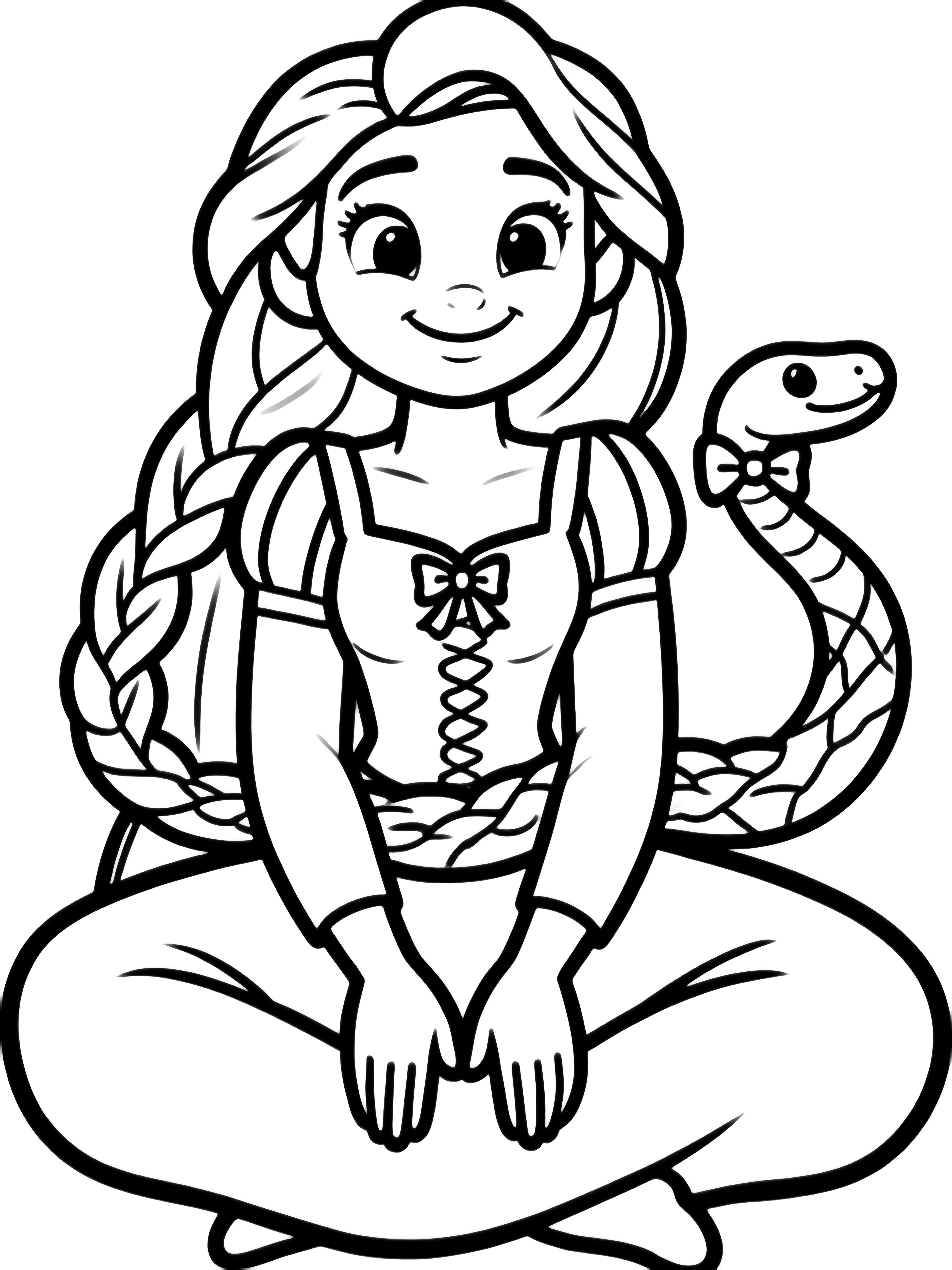 Rapunzel sits cross-legged, her endless braid coiled twice around her like a pet, hands resting on knees, smiling gently. kleurplaat