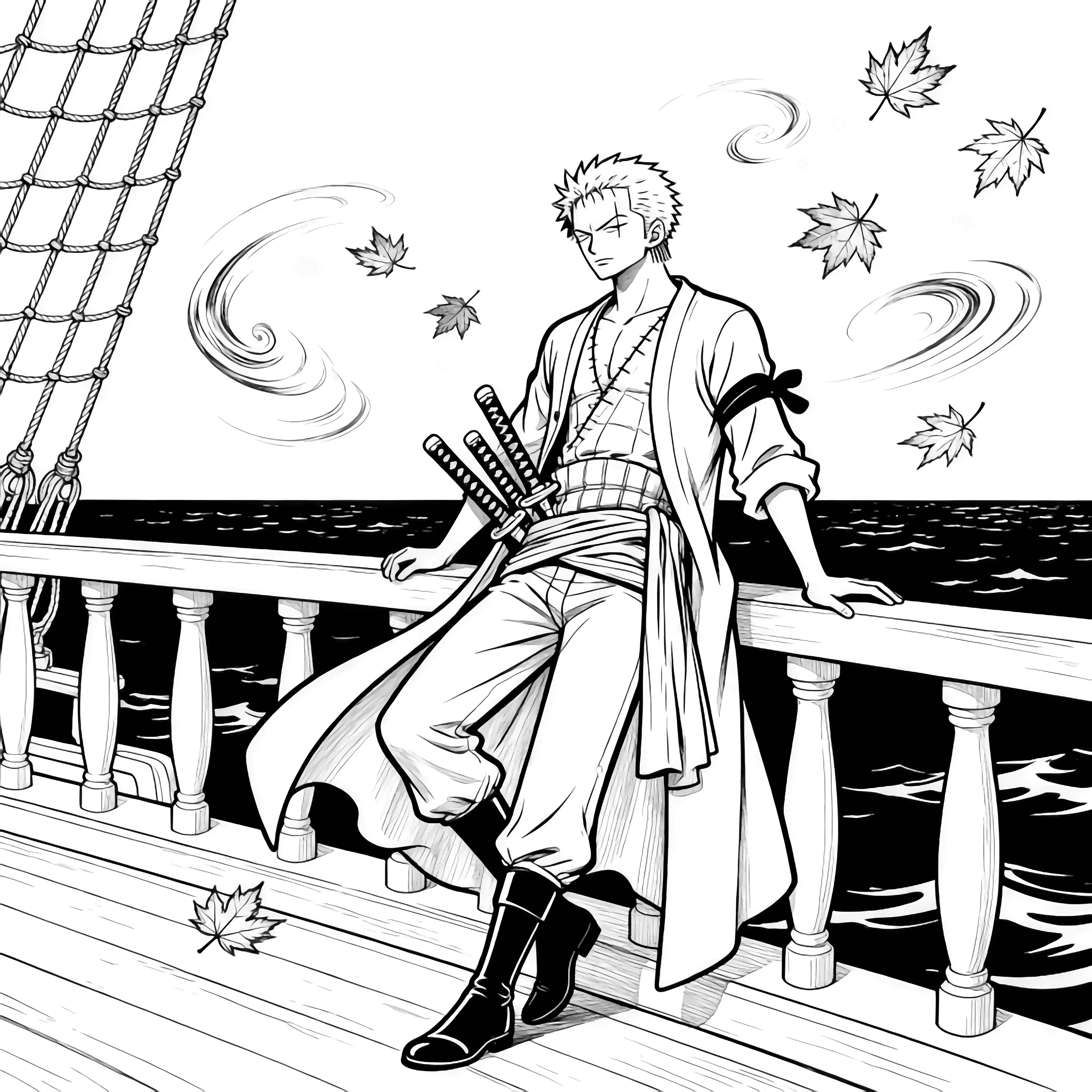 Zoro leans against a ship's railing, coat tails draped, three swords at his hip, maple leaves swirling around him, ocean horizon and rigging behind. kleurplaat