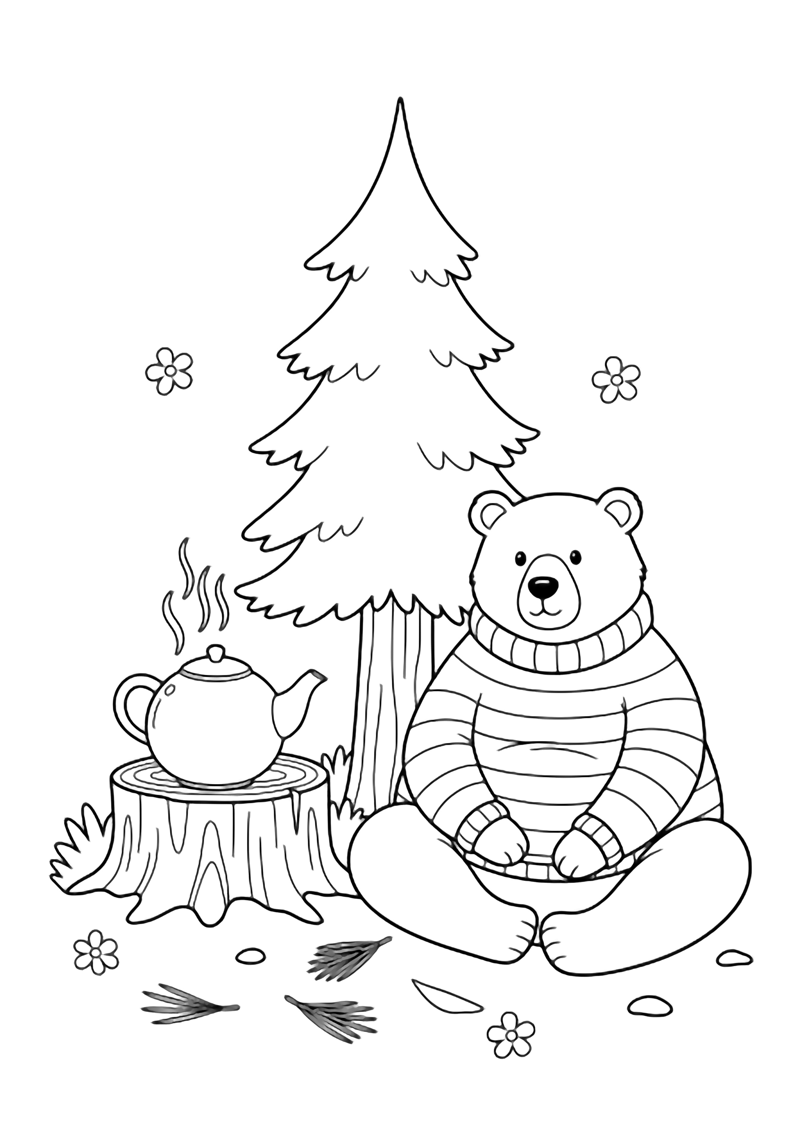 Plump bear in striped sweater sits cross-legged beside tall pine; round teapot on stump with wavy steam, fallen needles and tiny five-petal flowers scattered around. kleurplaat