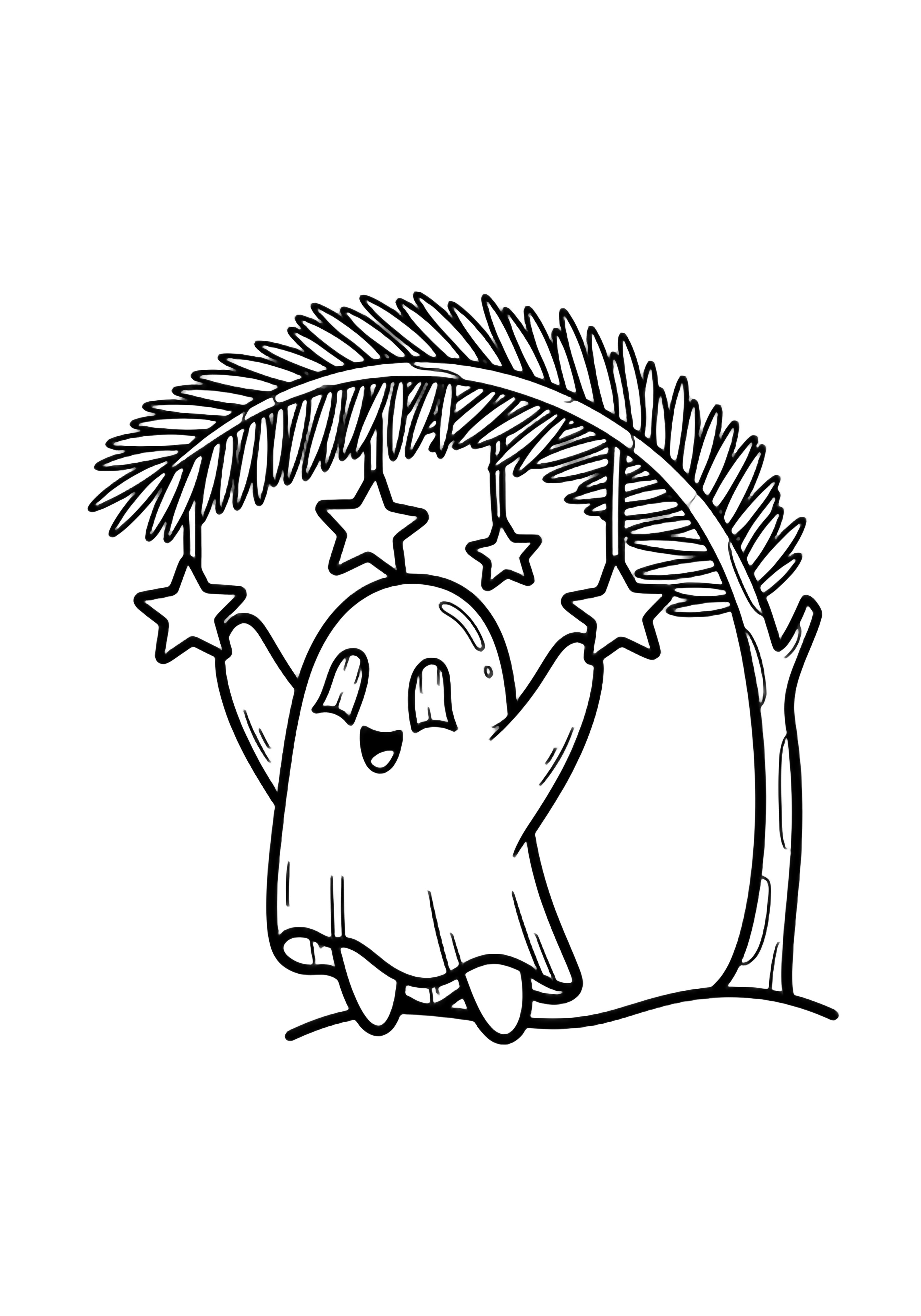 Tiny ghost with sheet-eyes stretches to hang stars on a curved pine branch above bare ground. kleurplaat