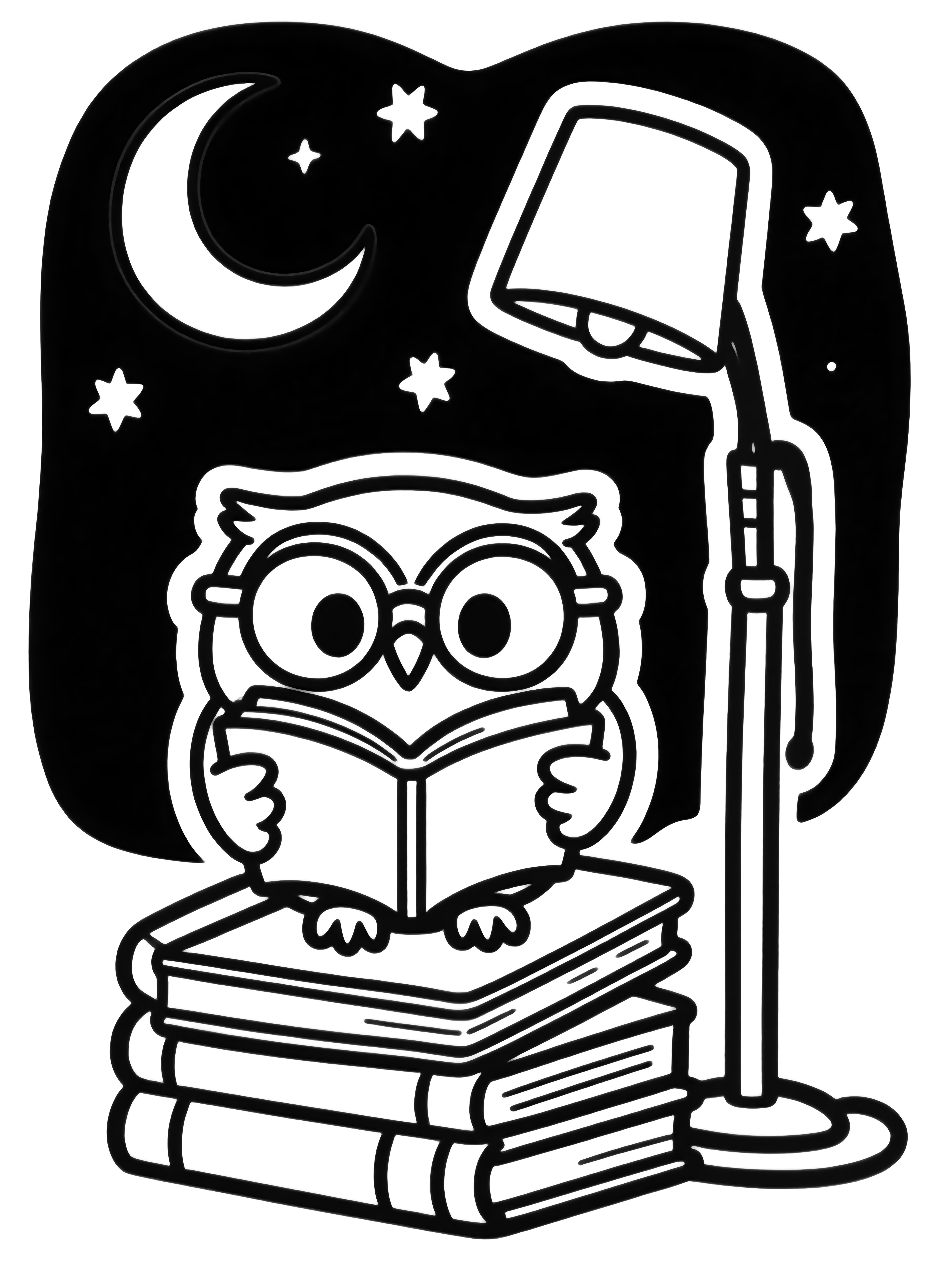Tiny owl wearing big round glasses sits on stacked books, holding an open book; slender lamp stands nearby while faint stars and crescent moon hover above. kleurplaat