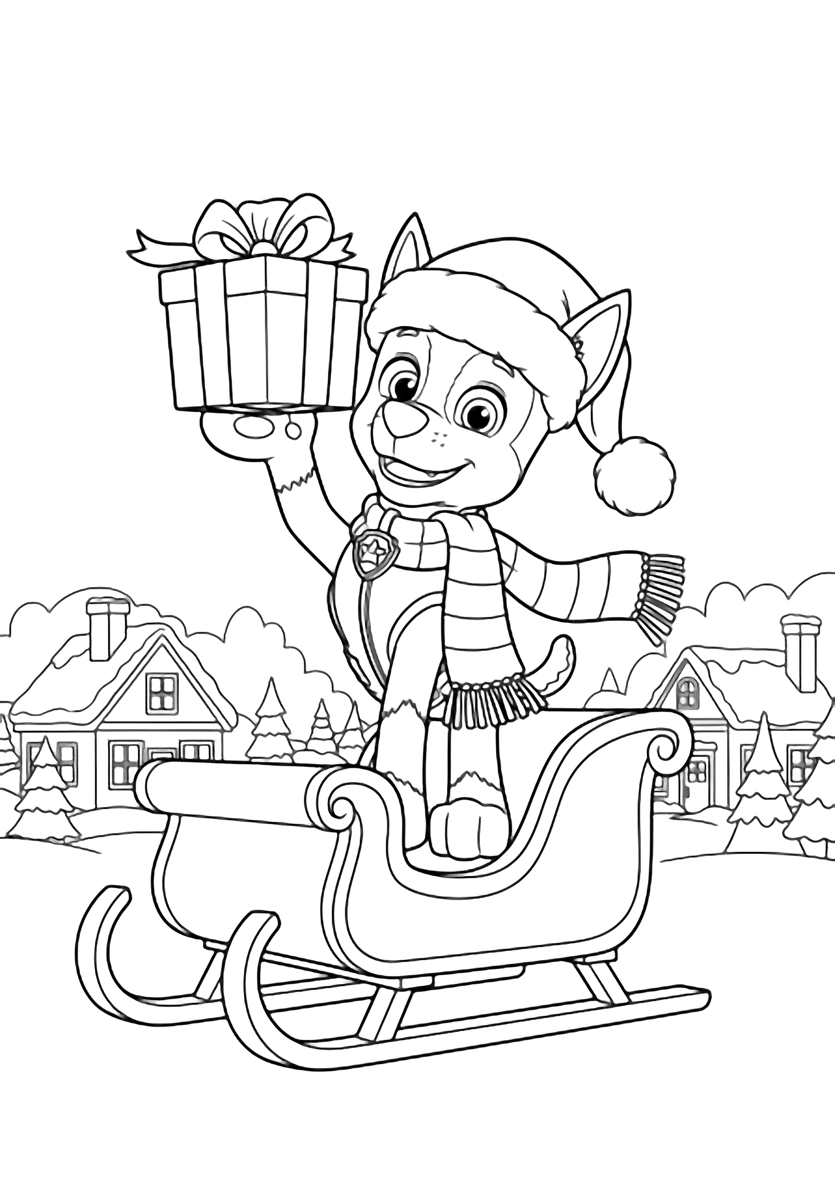 illustration on a Chase the police pup stands on a sleigh wearing a fluffy Santa hat and striped scarf holding a present high; simple snow dusted rooftops and tiny trees line the background all in bold for easy clean black kleurplaat