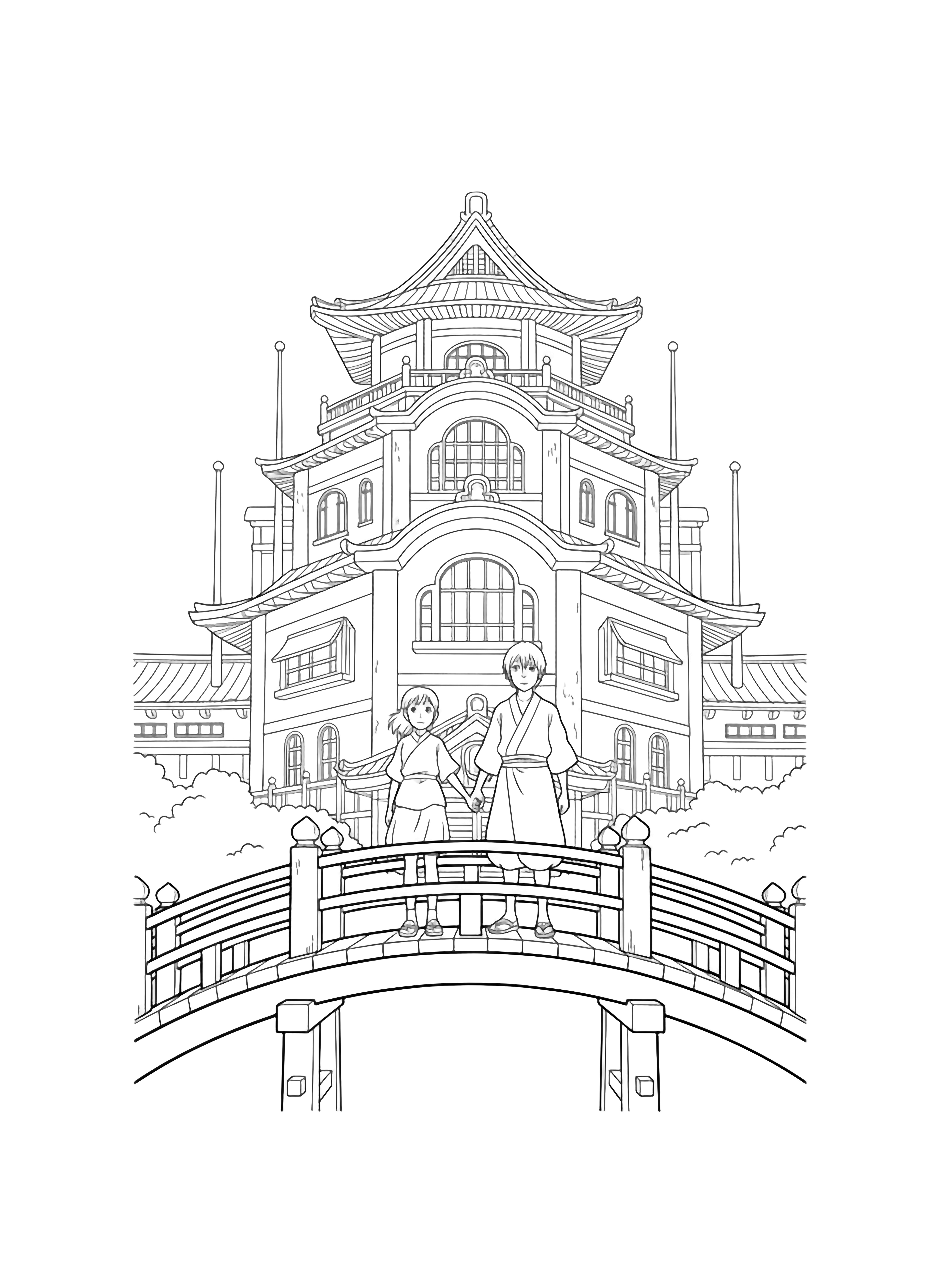 Chihiro and Haku hold hands on a wooden bridge with the bathhouse behind them. kleurplaat