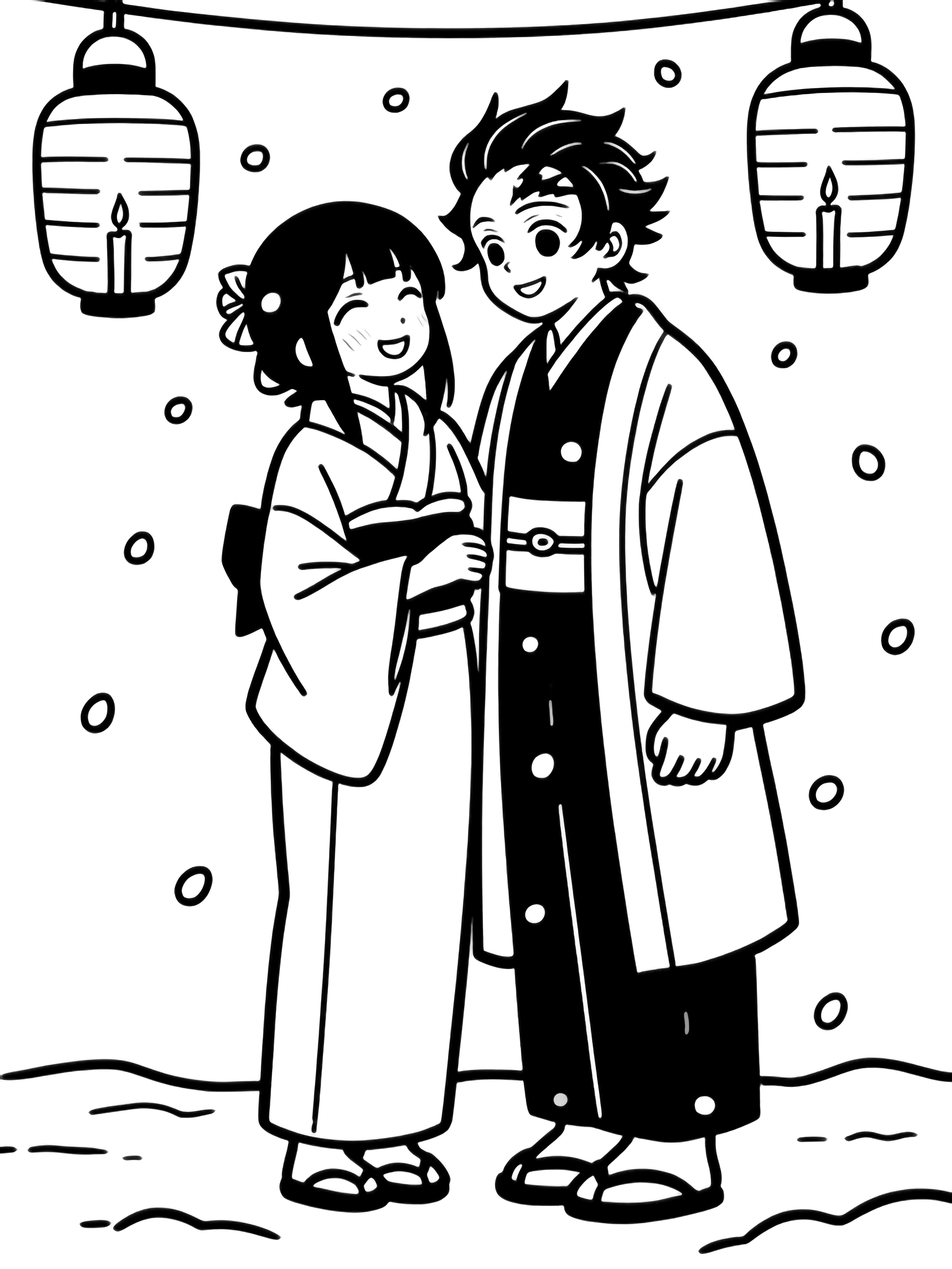 Shinobu and Giyu stand close beneath gently falling snow, smiling, wearing simple kimono; paper lanterns hang overhead, empty candle space, minimal ground line. kleurplaat