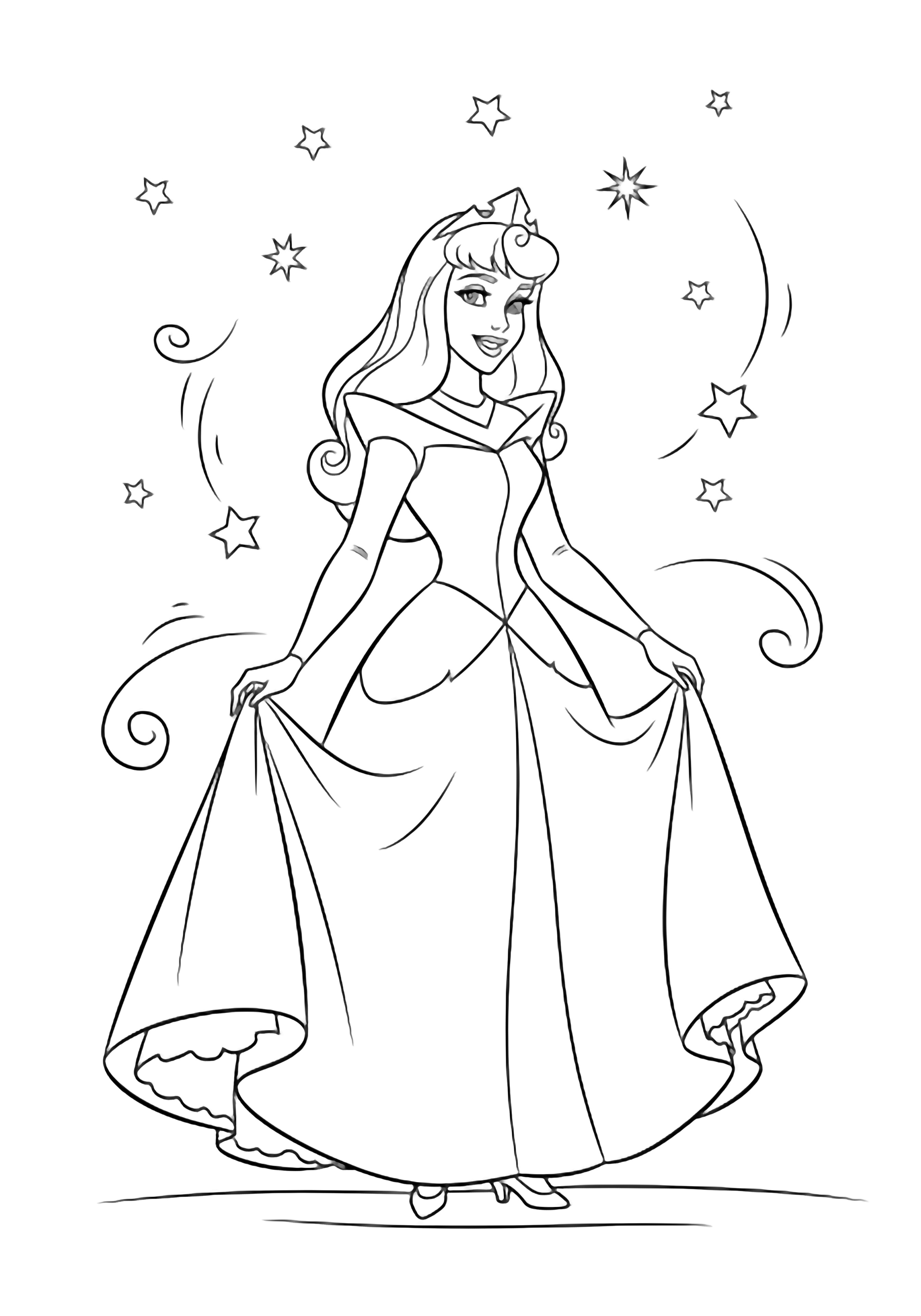 Aurora stands holding her skirt and smiling; simple stars and swirls drift behind her. kleurplaat