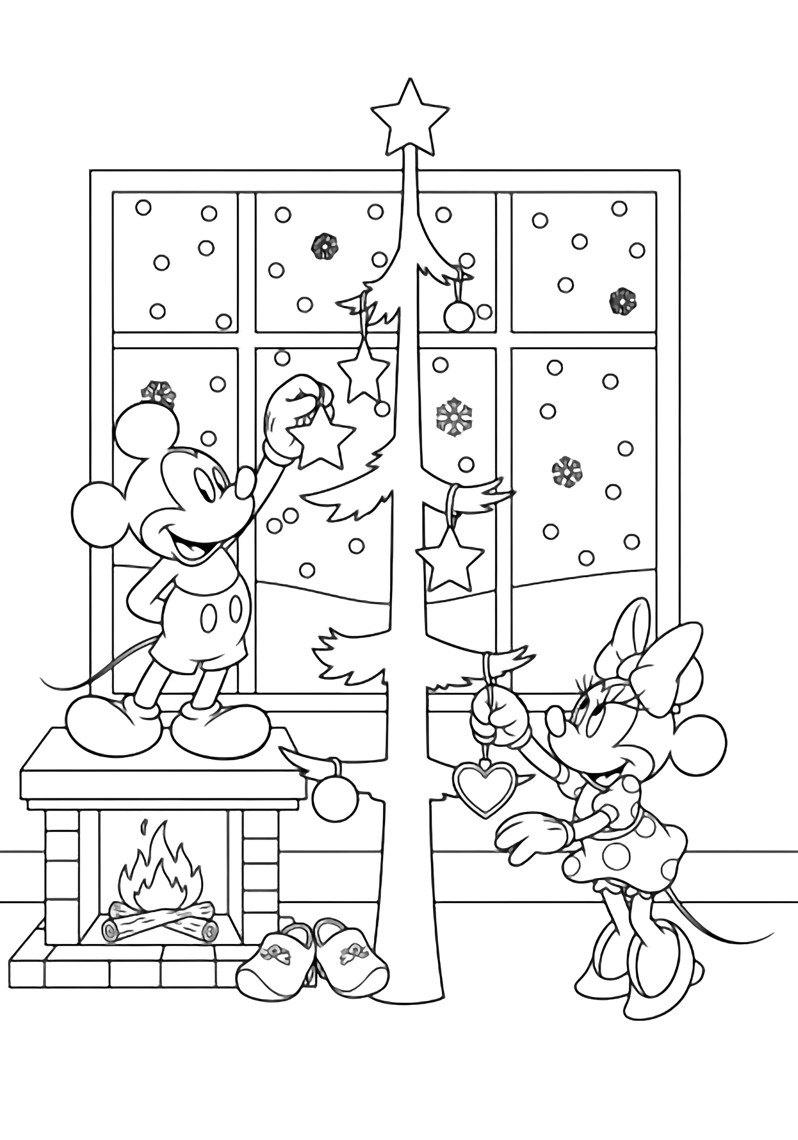 Mickey and Minnie decorate a tall slim tree with star and heart ornaments; tiny clogs rest by a low fireplace, snowflakes drift past the window. kleurplaat