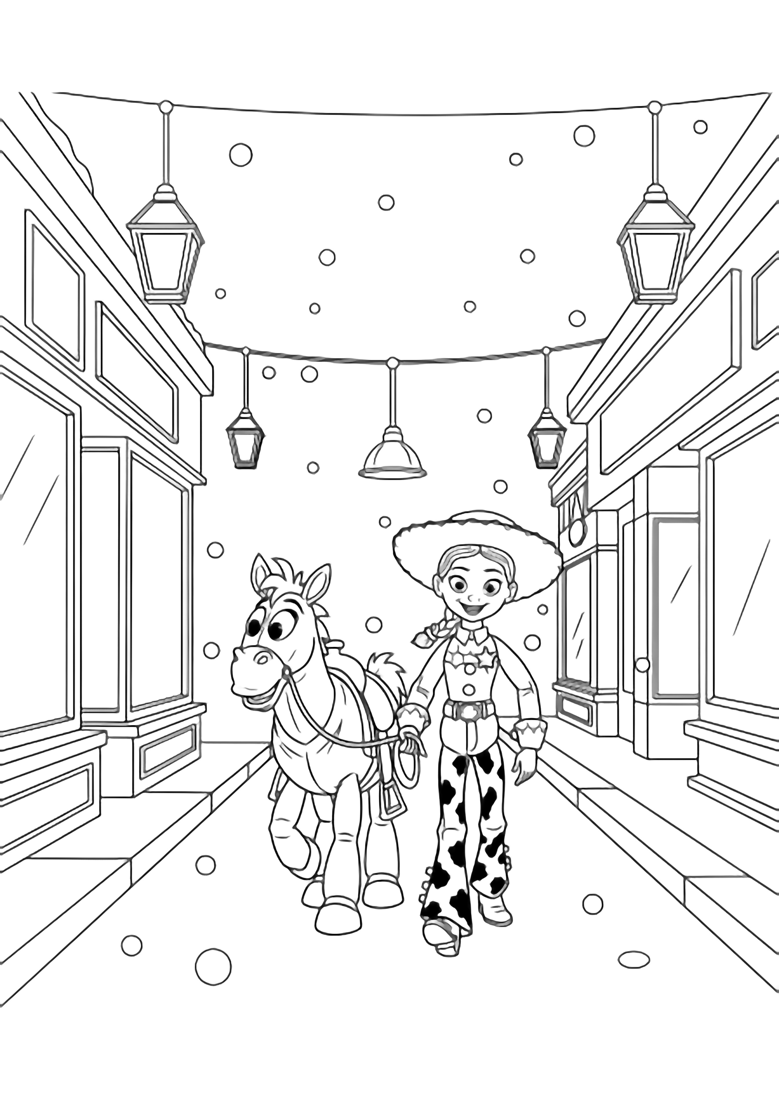 Jessie and Bullseye stroll down a hushed snow-dusted lane between shuttered shops, lantern frames and dangling lights overhead. kleurplaat