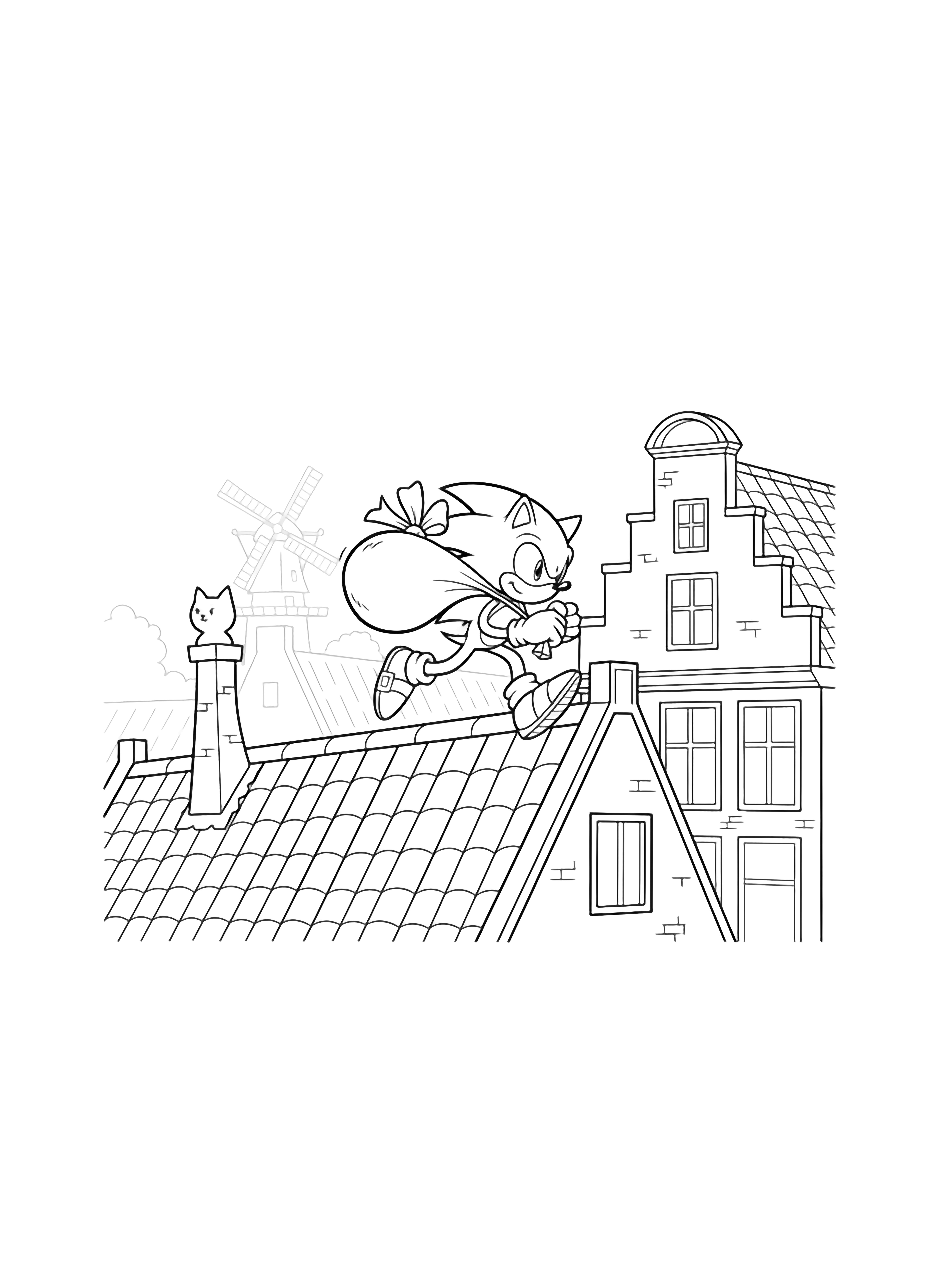 Sonic sprint over een Nederlandse geveltop, cadeautas bonsend op zijn rug; trapgevels, kat op een schoorsteen, silhouet van een verre molen. kleurplaat